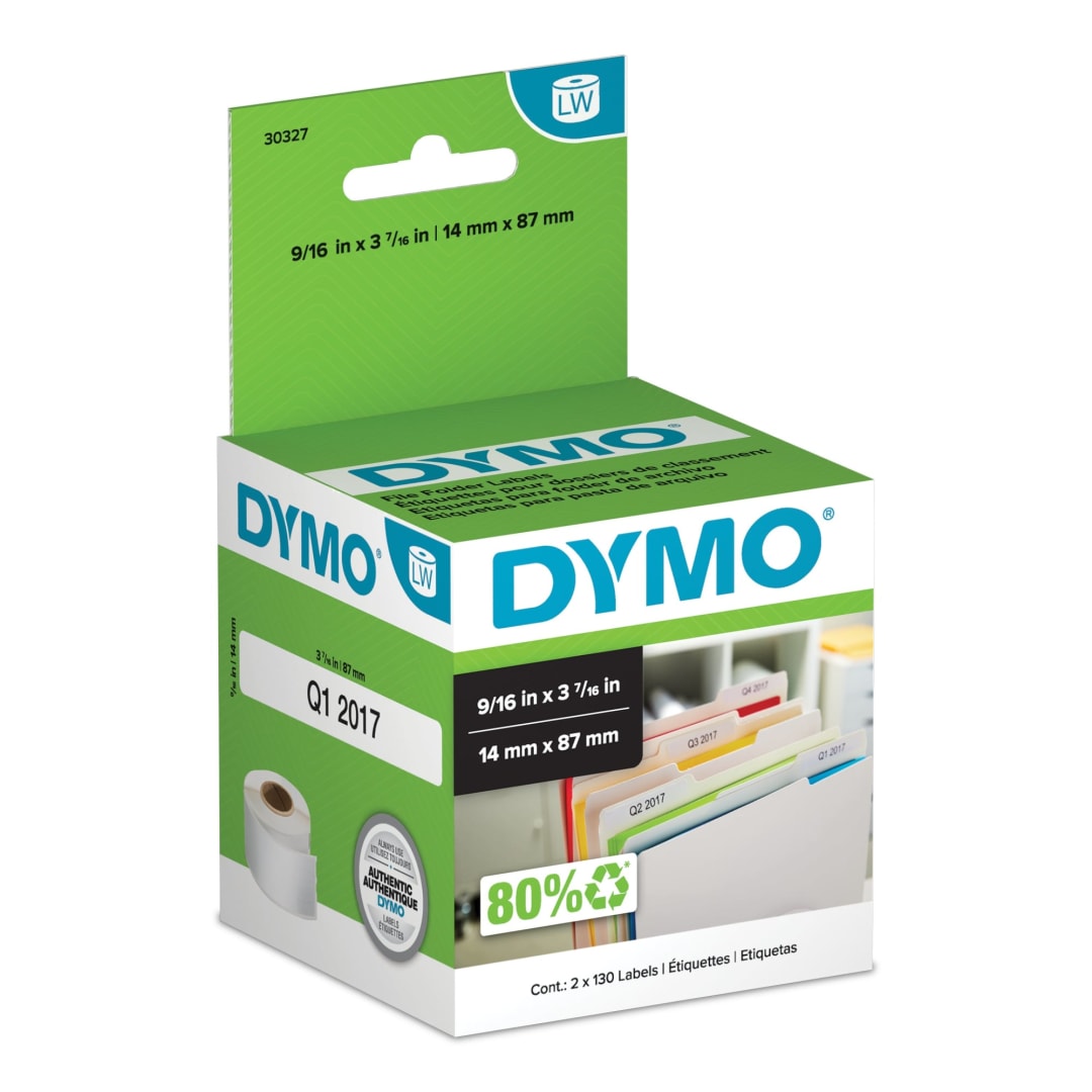 DYMO® Authentic LW 1-Up File Folder Labels, DYMO® Labels for LabelWriter™ Label Printers, White, 9/16" x 3-7/16", 2 Rolls of 130 (260 Total)