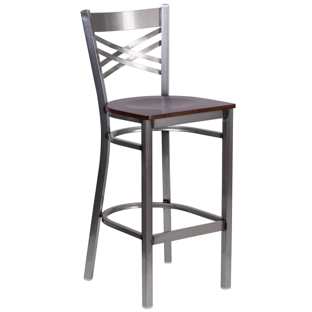 HERCULES Series Silver Antique Finish with Clear Coat ''X'' Back Metal Restaurant Barstool - Walnut Wood Seat