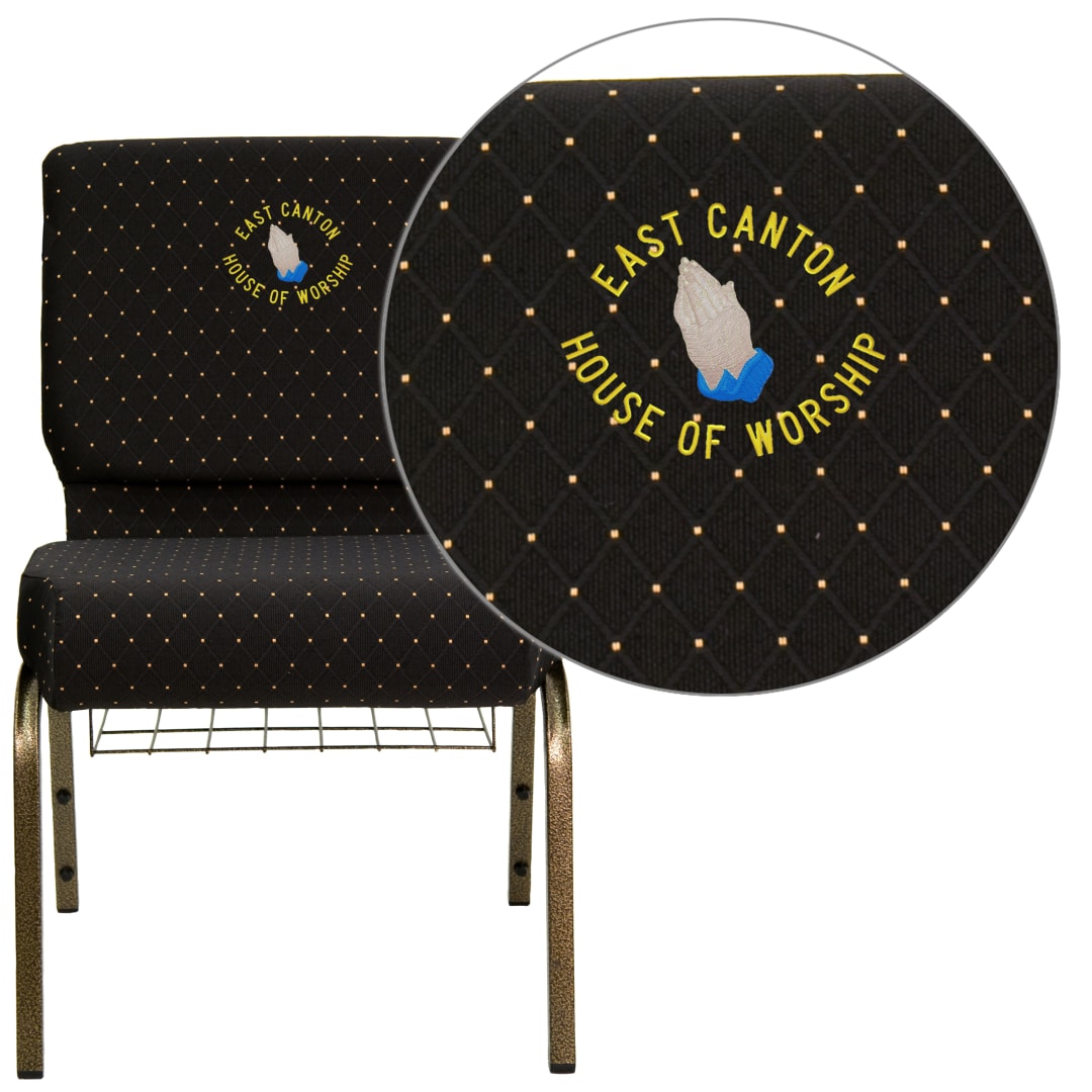 Embroidered HERCULES Series 21''W Church Chair in Black Dot Patterned Fabric with Cup Book Rack - Gold Vein Frame