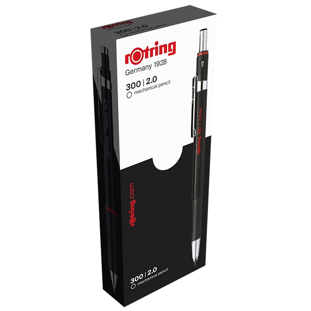 Portaminas rOtring 300 | 2,0 mm | Recargable con sacapuntas bajo la tapa | Negro | Paquete de 12