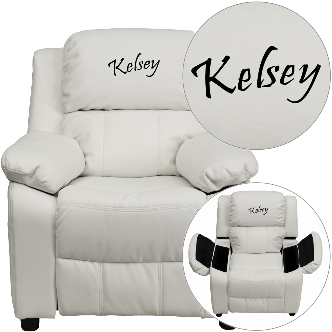 Personalized Deluxe Padded White Vinyl Kids Recliner with Storage Arms