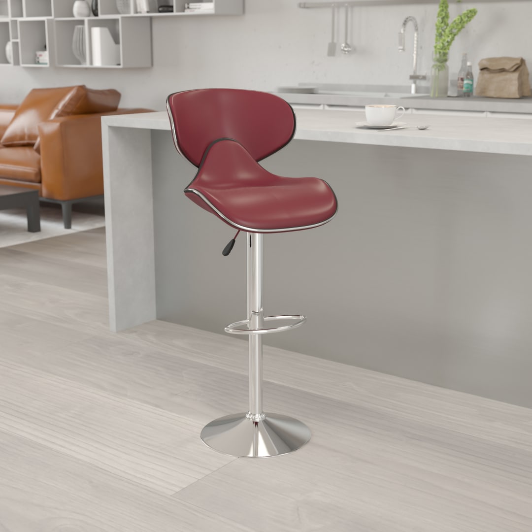 Devin Contemporary Cozy Mid-Back Burgundy Vinyl Adjustable Height Barstool with Chrome Base