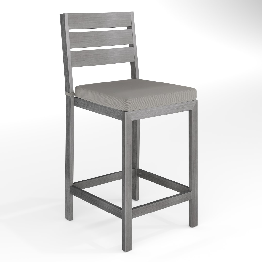 Bedford Set of 2 Indoor-Outdoor Patio Bar Stools with Gray Brushed Woodgrain Aluminum Finish and Gray All-Weather Seat Cushions