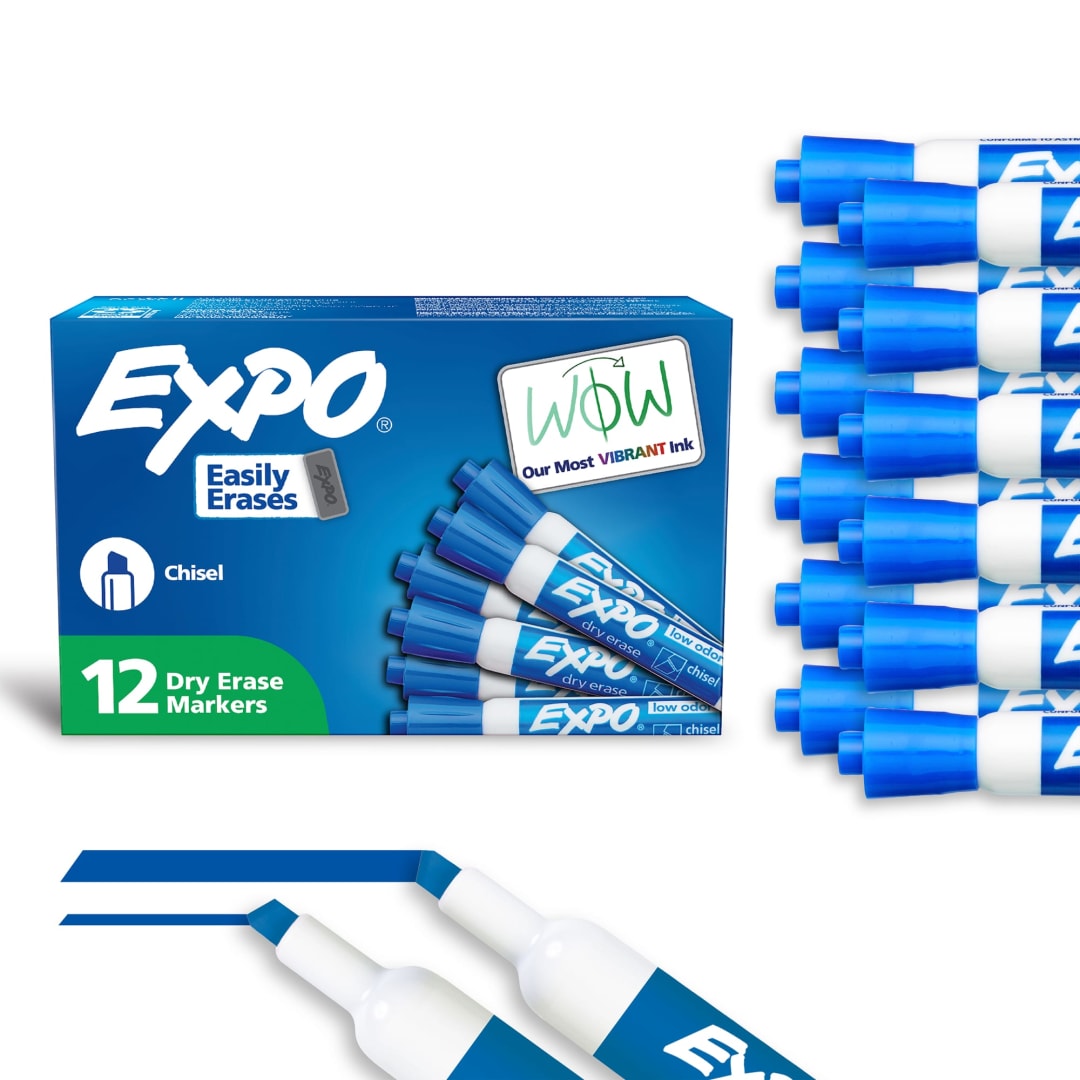 EXPO Dry Erase Markers, Low Odor Ink, Blue, Chisel Tip, 12 Count
