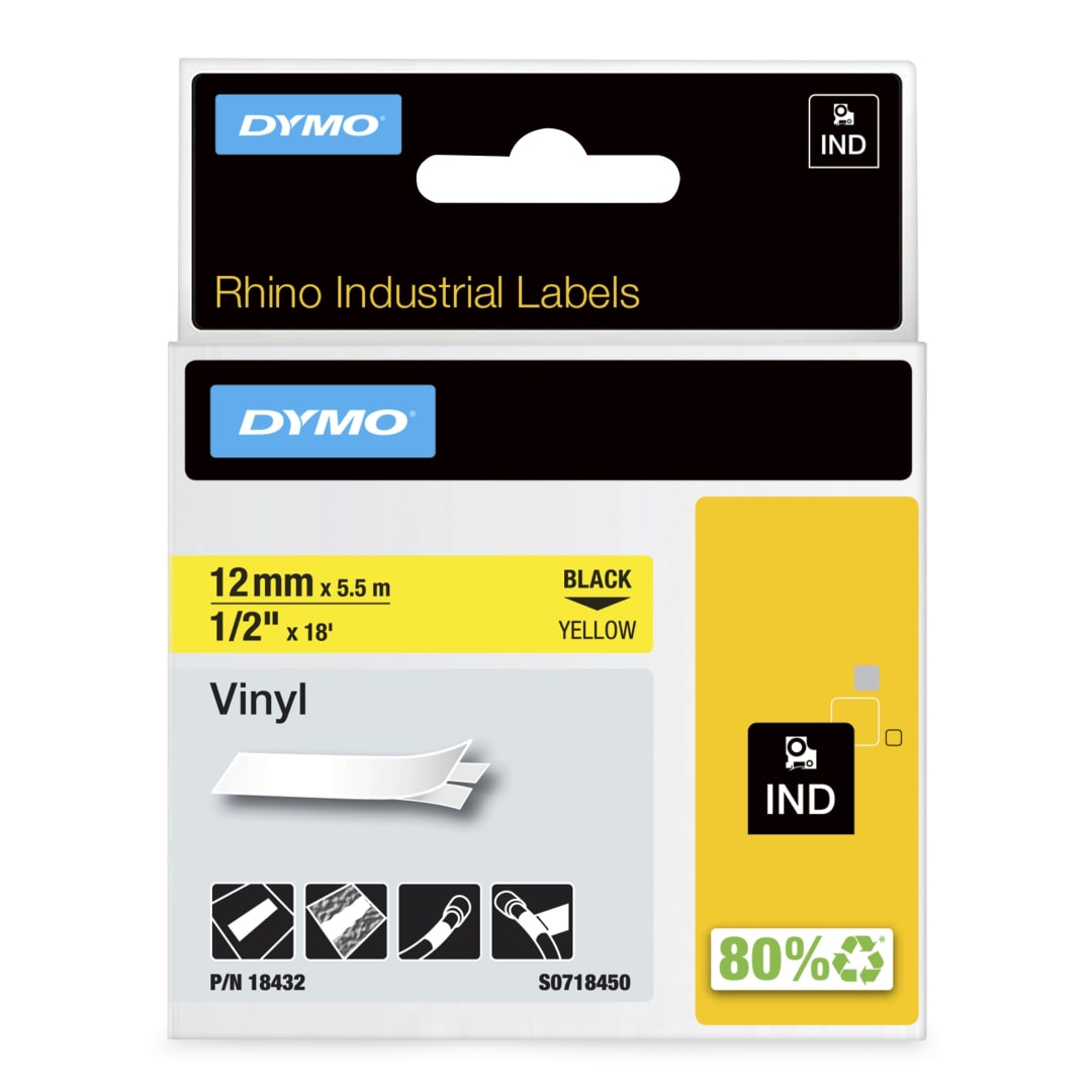 Étiquettes en vinyle industrielles DYMO Rhino, 12 mm, texte noir sur étiquette jaune