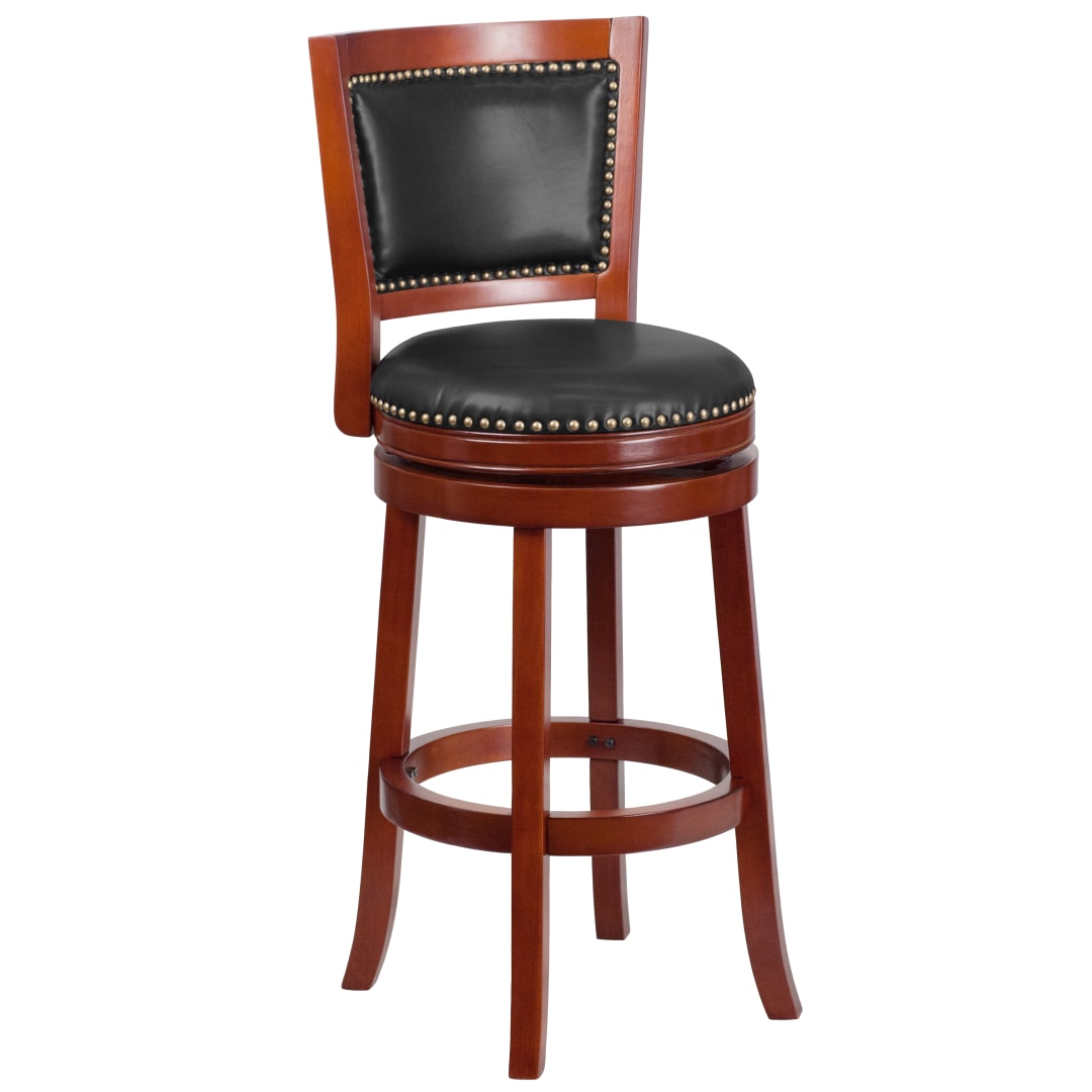 Ebert 30'' High Dark Cherry Wood Barstool with Open Panel Back and Walnut LeatherSoft Swivel Seat