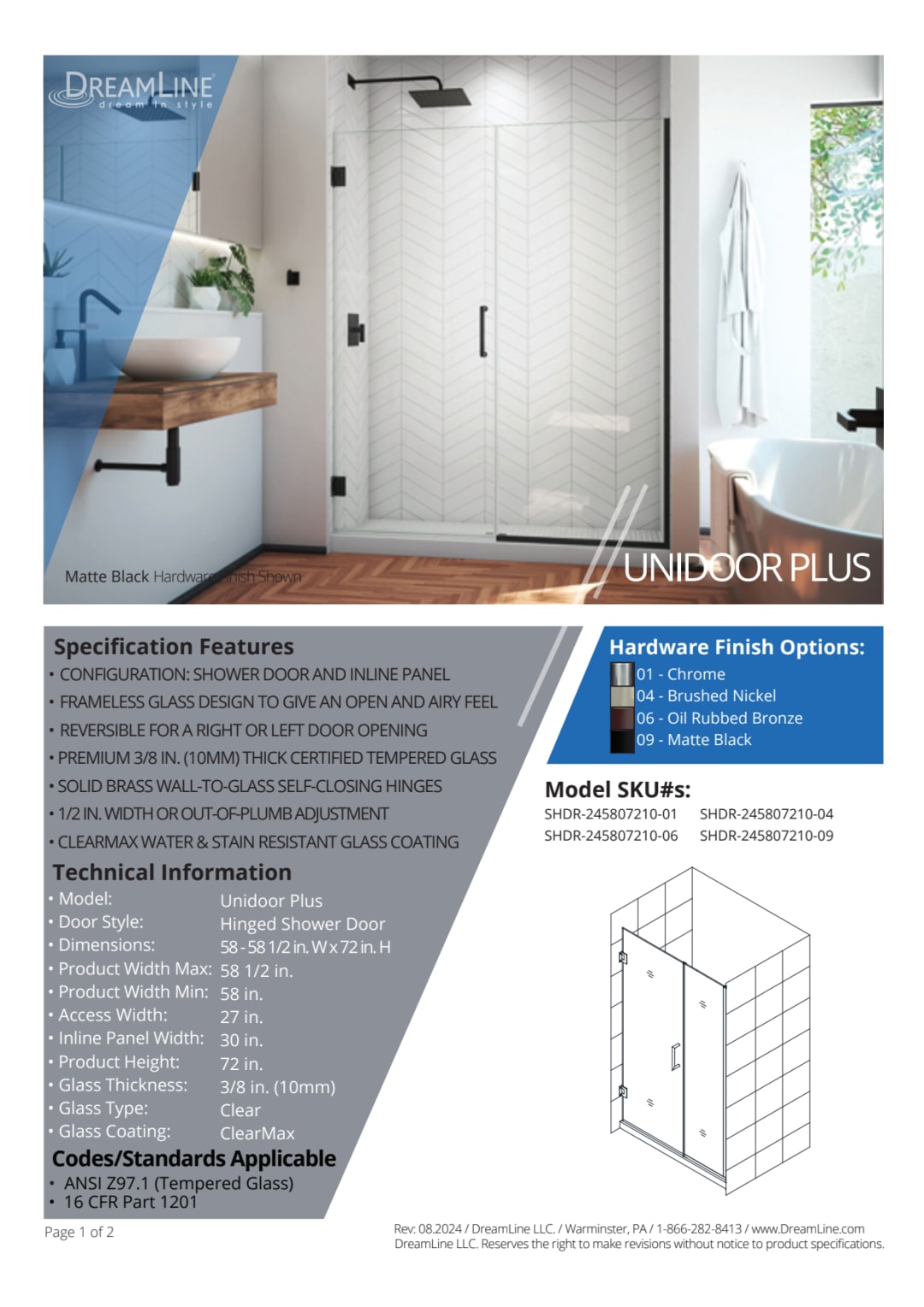 DreamLine Unidoor Plus 58 - 58 1/2 inch W x 72 inch H Frameless Hinged ...