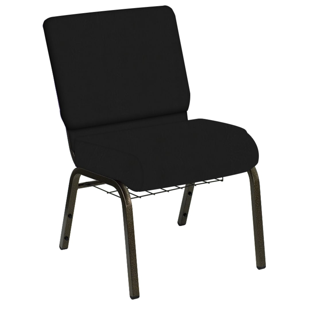 HERCULES Series 21''W Church Chair in E-Z Elk Black Vinyl with Book Rack - Gold Vein Frame