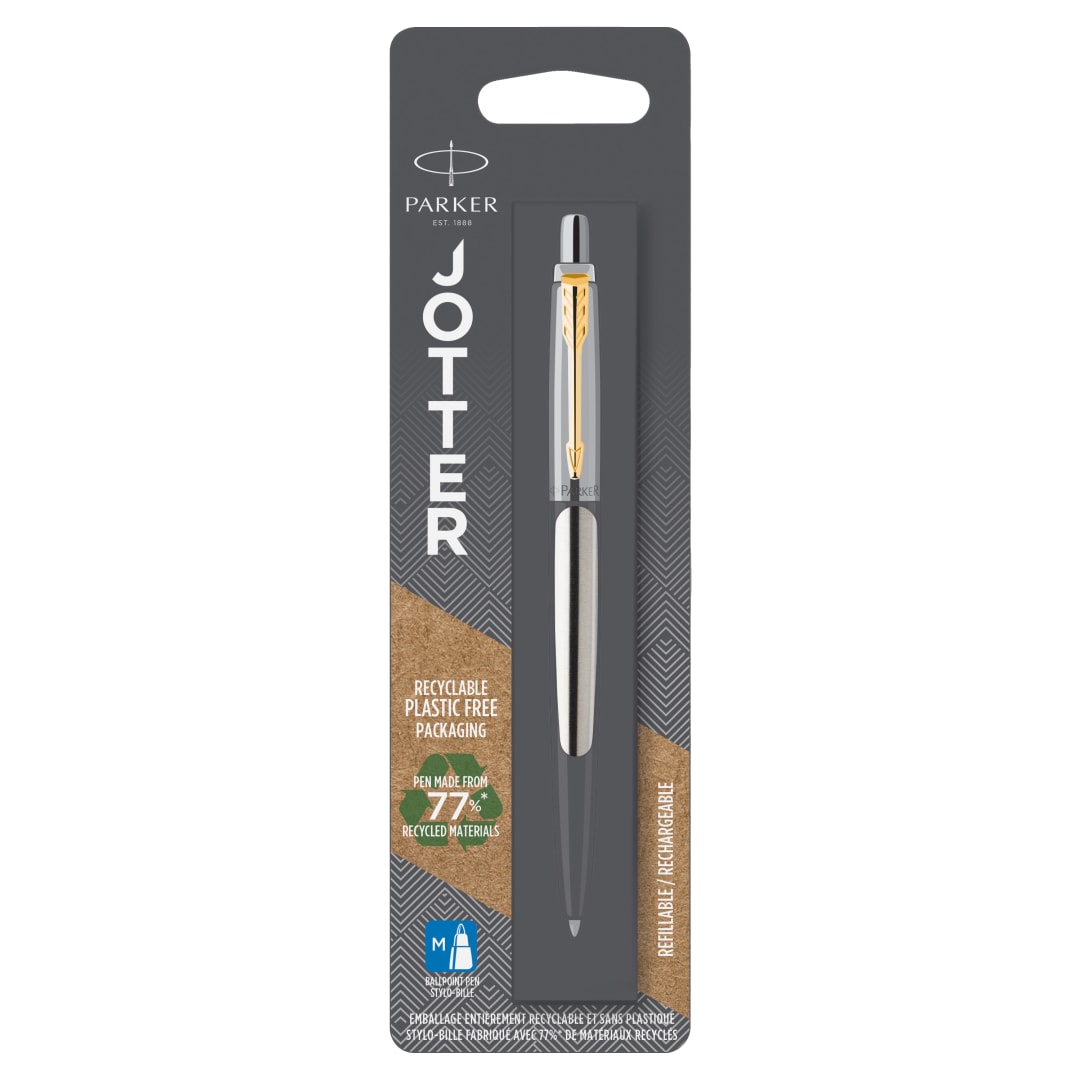 Parker Jotter Bolígrafo | Acero inoxidable con detalle dorado | Punta mediana Tinta azul