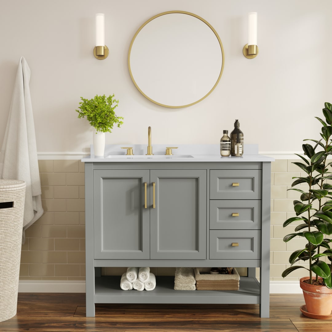 Vega 42" Bathroom Vanity with Sink, Cabinet with Gold Hardware, Soft Close Doors, Open Shelf &amp; 3 Drawers, Carrara Marble Finish Counter, Gray/White