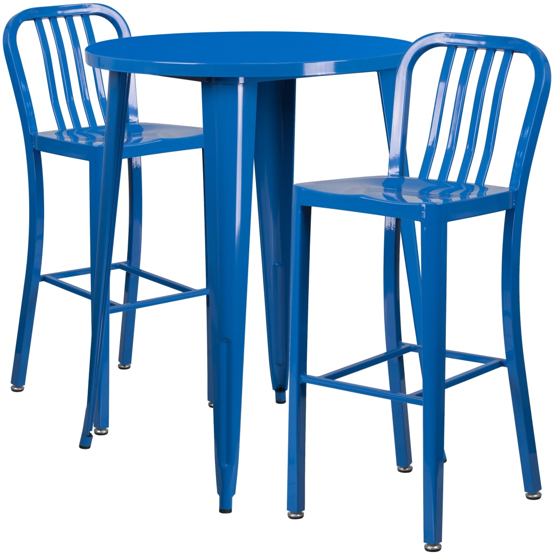 Brad Commercial Grade 30" Round Blue Metal Indoor-Outdoor Bar Table Set with 2 Vertical Slat Back Stools