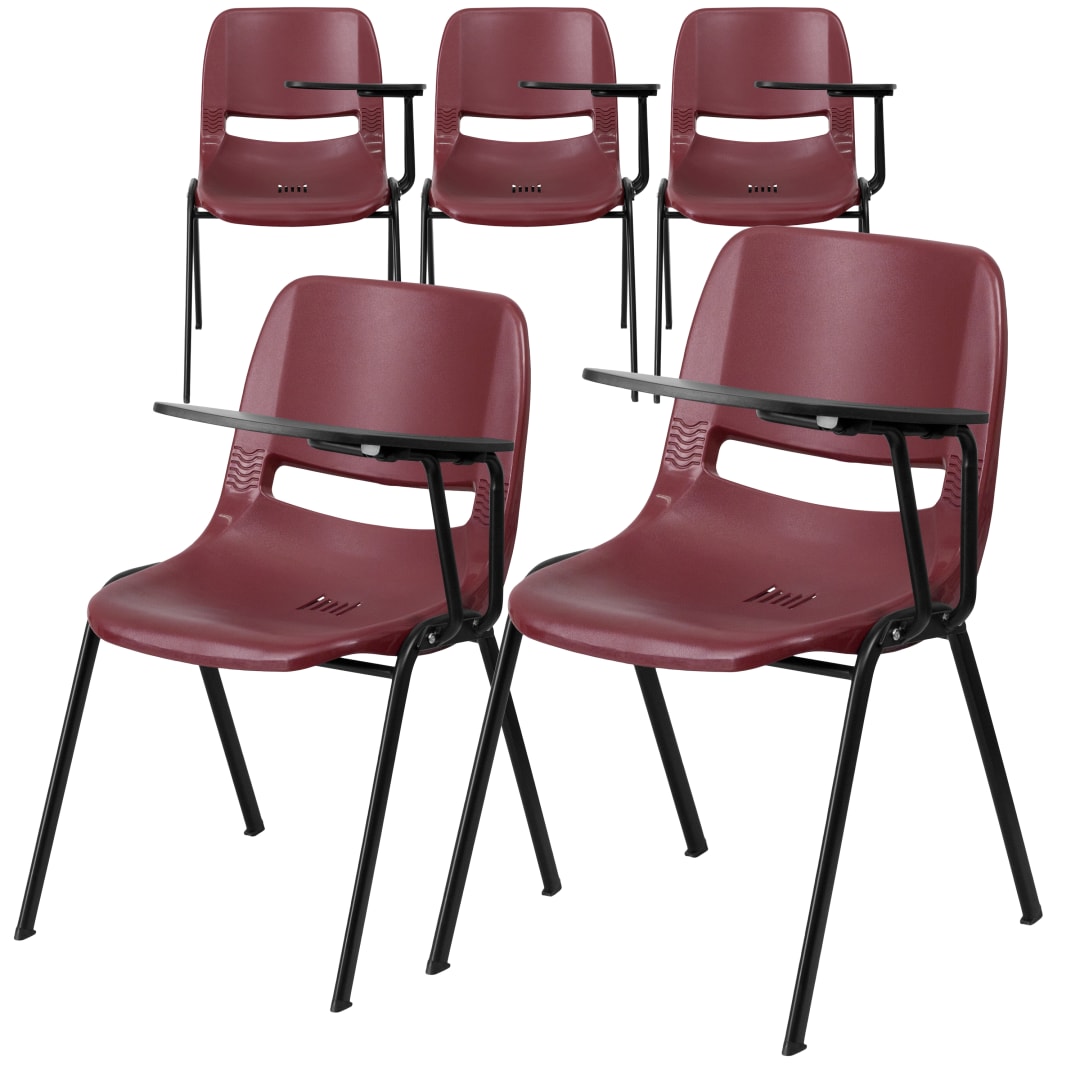HERCULES 5 Pack Burgundy Ergonomic Shell Chair with Left Handed Flip-Up Tablet Arm