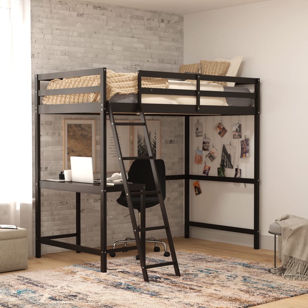 Riley Loft Bed Frame with Desk, Twin Size Wooden Bed Frame with Protective Guard Rails &amp; Ladder for Kids and Teens - Espresso