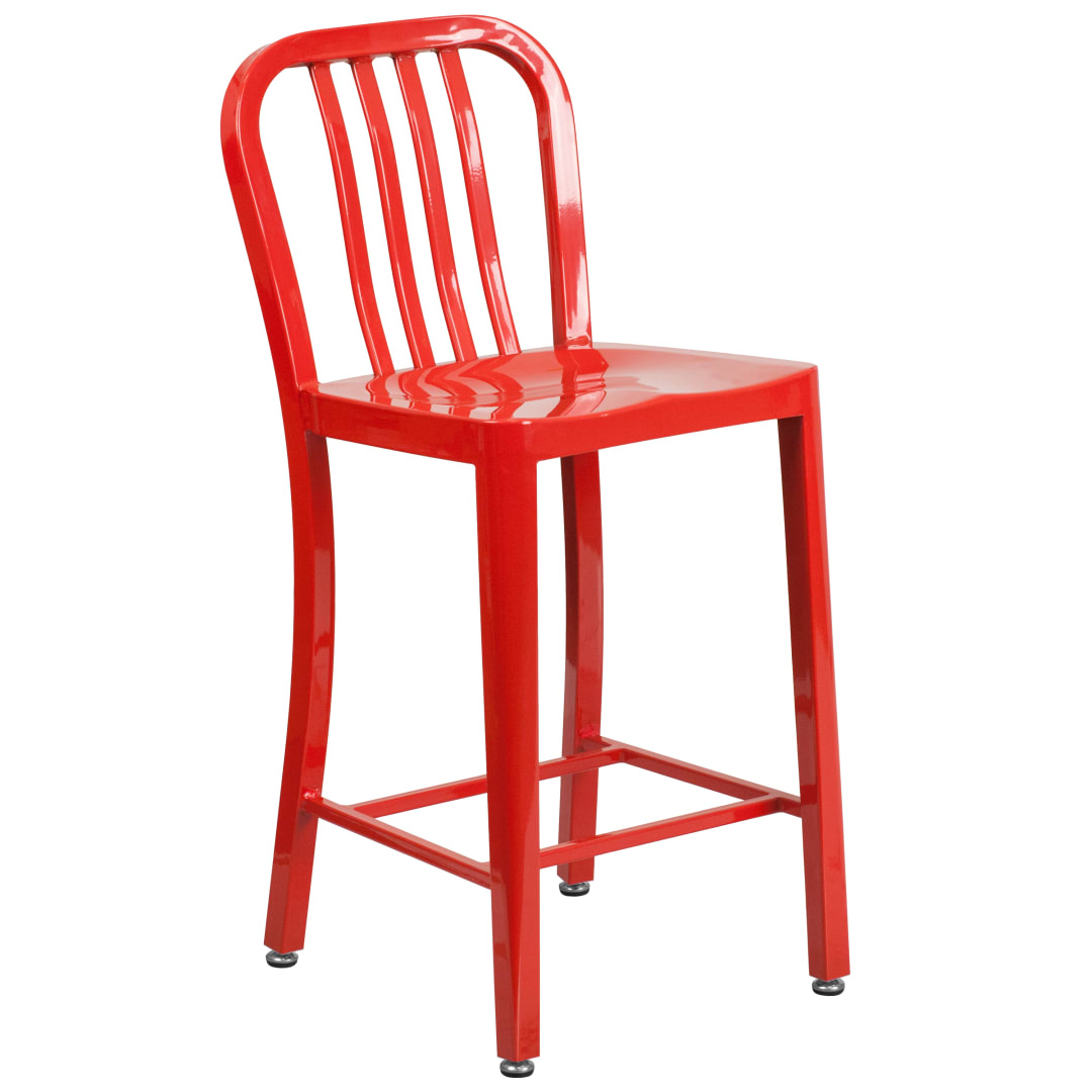 Gael Commercial Grade 24" High Red Metal Indoor-Outdoor Counter Height Stool with Vertical Slat Back