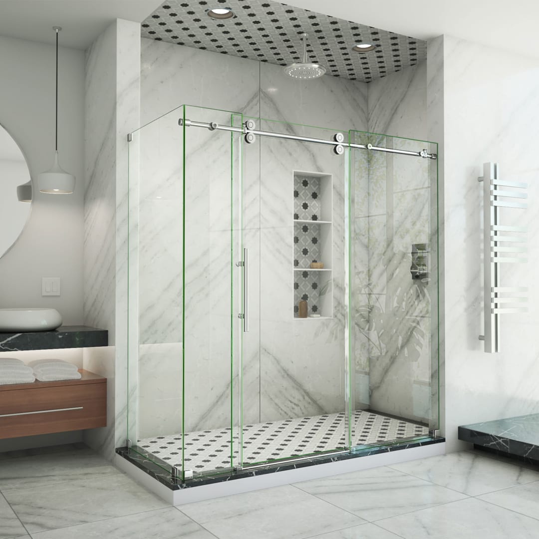 DreamLine Enigma-XO 34 1/2 inch D x 56 3/8 - 60 3/8 inch W x 76 inch H Frameless Sliding Shower Enclosure in Polished Stainless Steel
