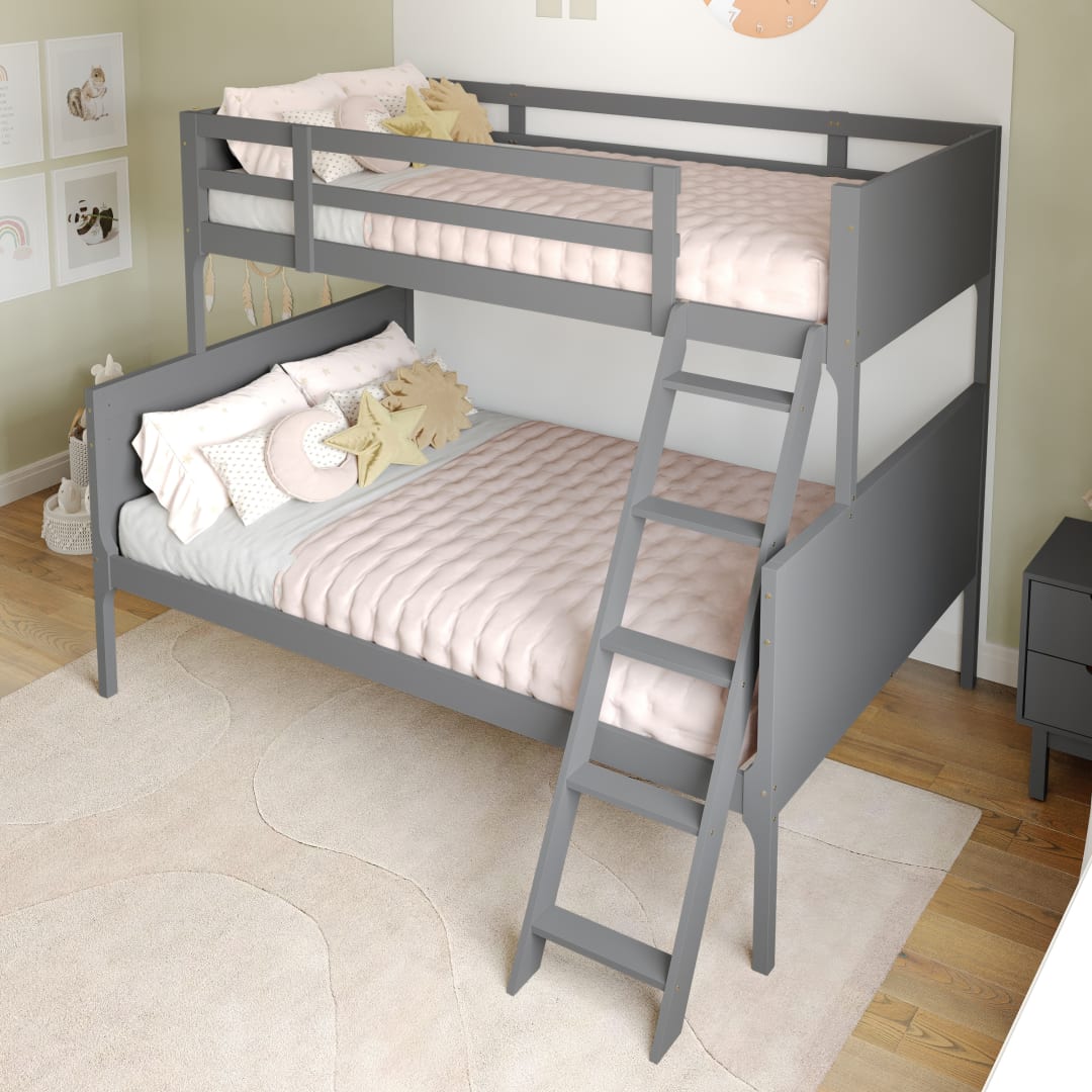 Dallas Bunk Bed Twin Over Full, Convertible Slatted Solid Wood Bunk Bed Frame with Ladder for Kids, No Box Spring Needed in Gray