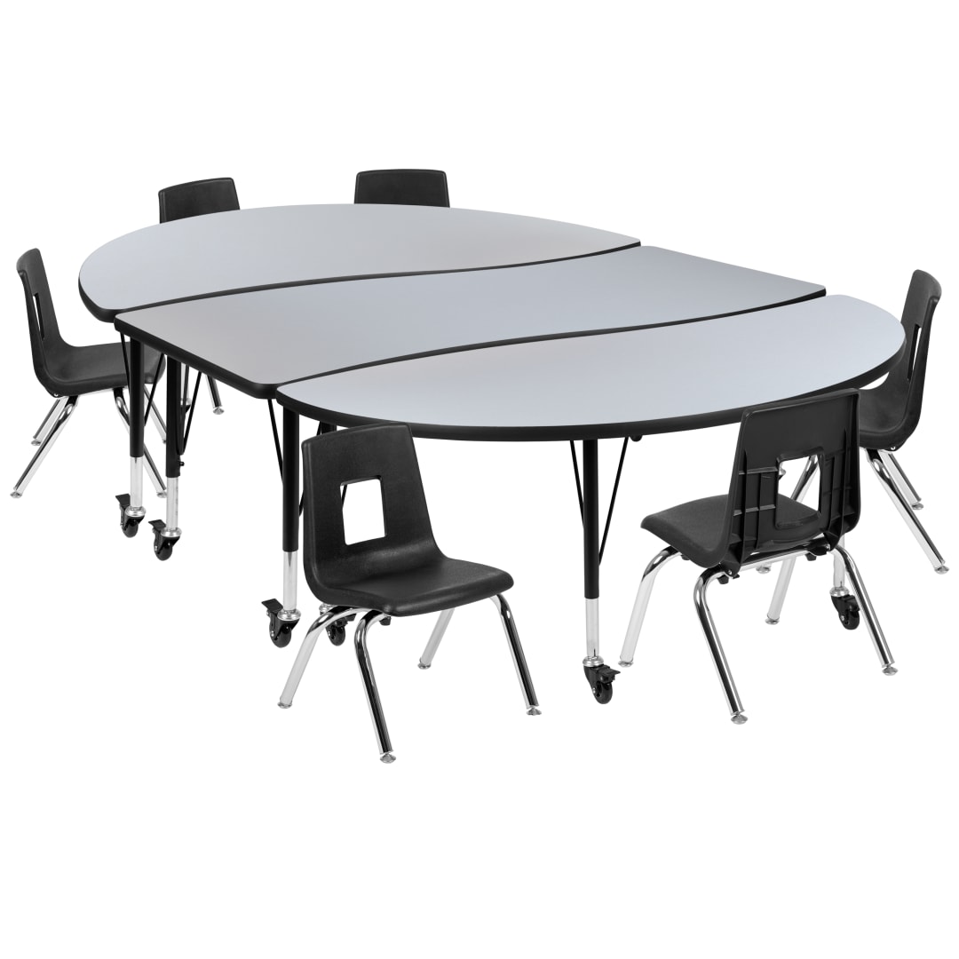 Emmy Mobile 86" Oval Wave Flexible Laminate Activity Table Set with 12" Student Stack Chairs, Grey/Black