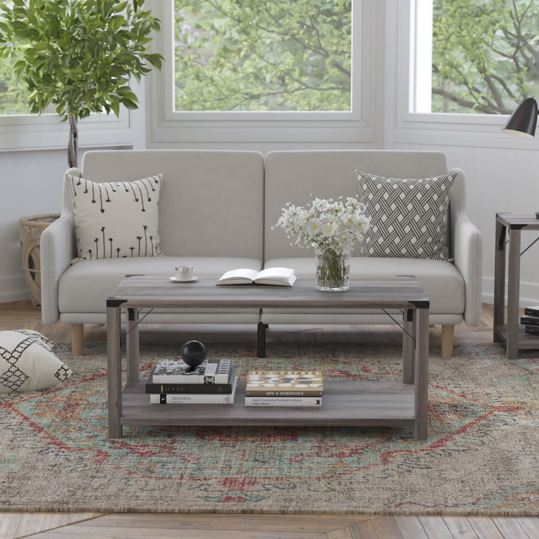 Wyatt Modern Farmhouse Wooden 2 Tier Coffee Table with Black Metal Corner Accents and Cross Bracing, Gray Wash