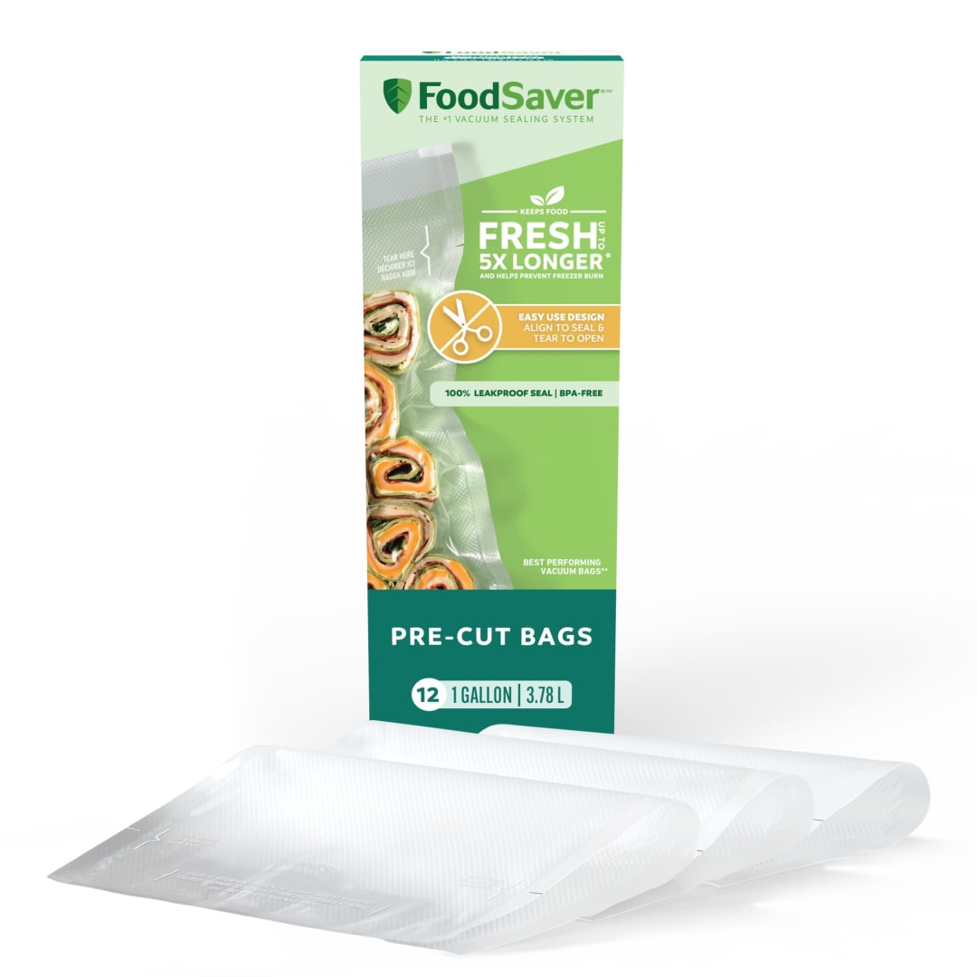 FoodSaver® Gallon Pre-Cut Vacuum Seal Bags, Easy Use Vacuum Storage Bags, Align to Seal and Tear to Open Vacuum Sealer Storage Bags, 12 Pack