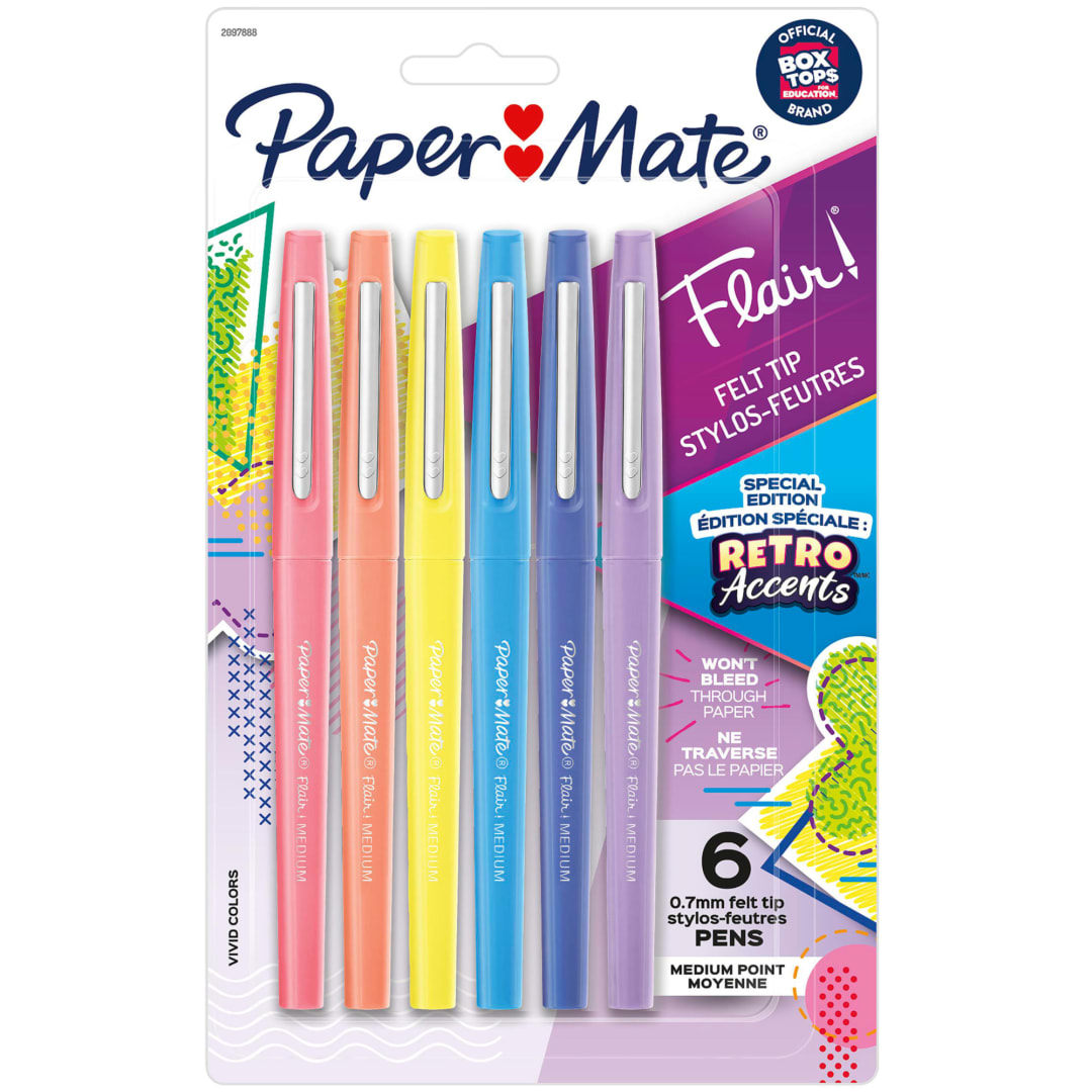 Paper Mate® Flair® Felt Tip Pens, Medium Point, Assorted, Special Edition Retro Accents, 6 Pack