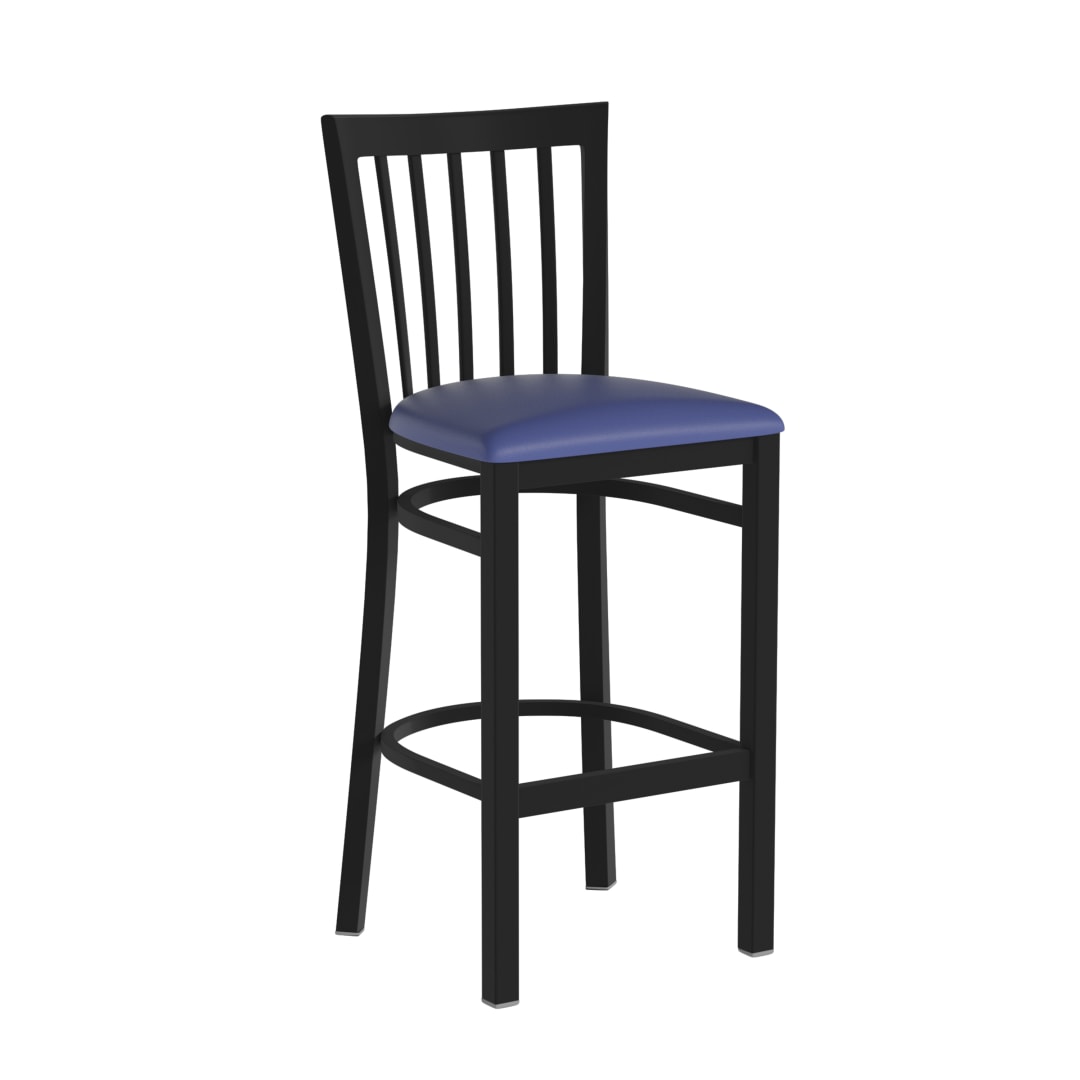 HERCULES Black School House Back Metal Restaurant Barstool - Blue Vinyl Seat