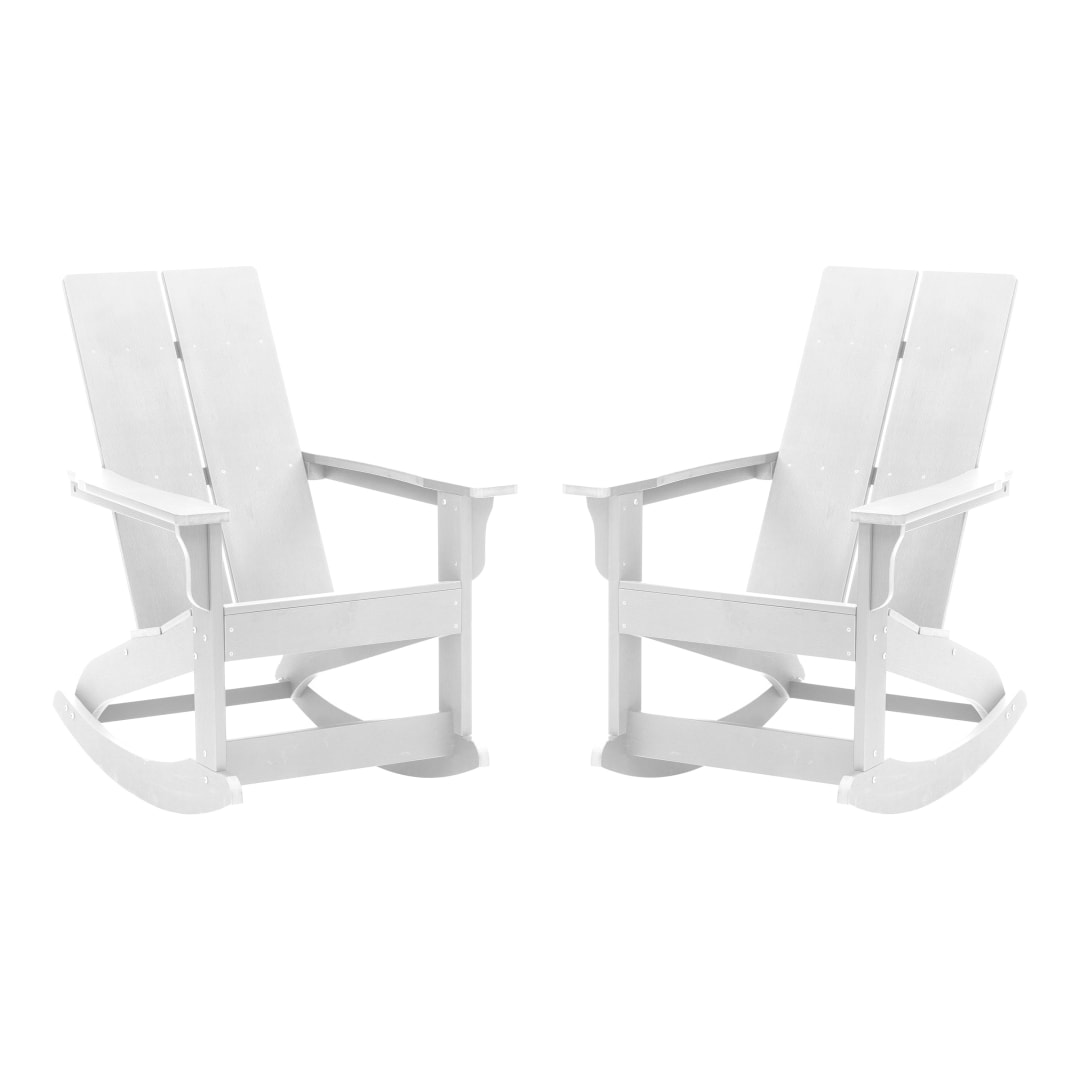 Finn Modern Commercial Grade All-Weather 2-Slat Poly Resin Rocking Adirondack Chair with Rust Resistant Stainless Steel Hardware in White - Set of2