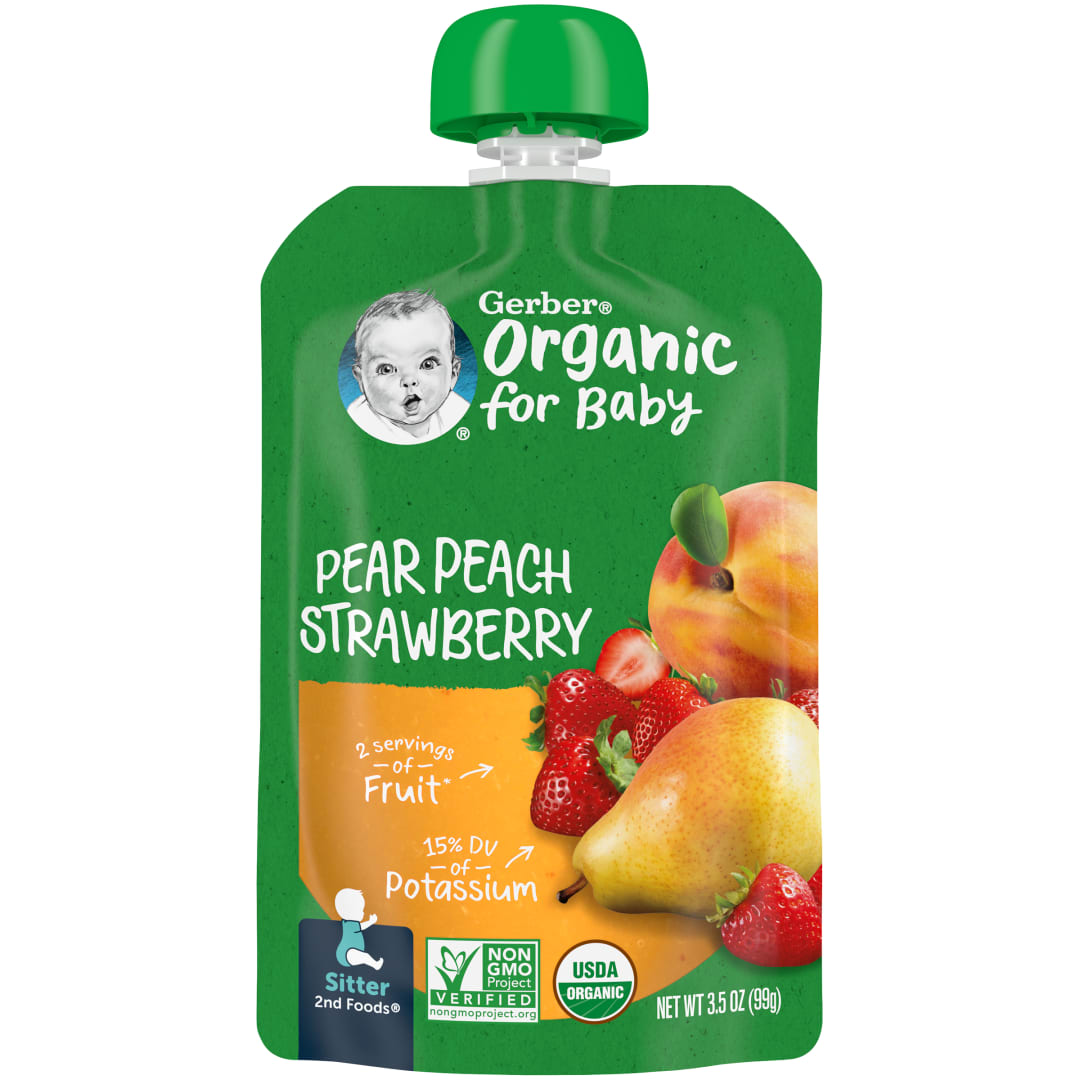 Gerber Organic Stage 2 Baby Food, Pear Peach Strawberry Puree, 3.5 oz Pouch (6 Pack)