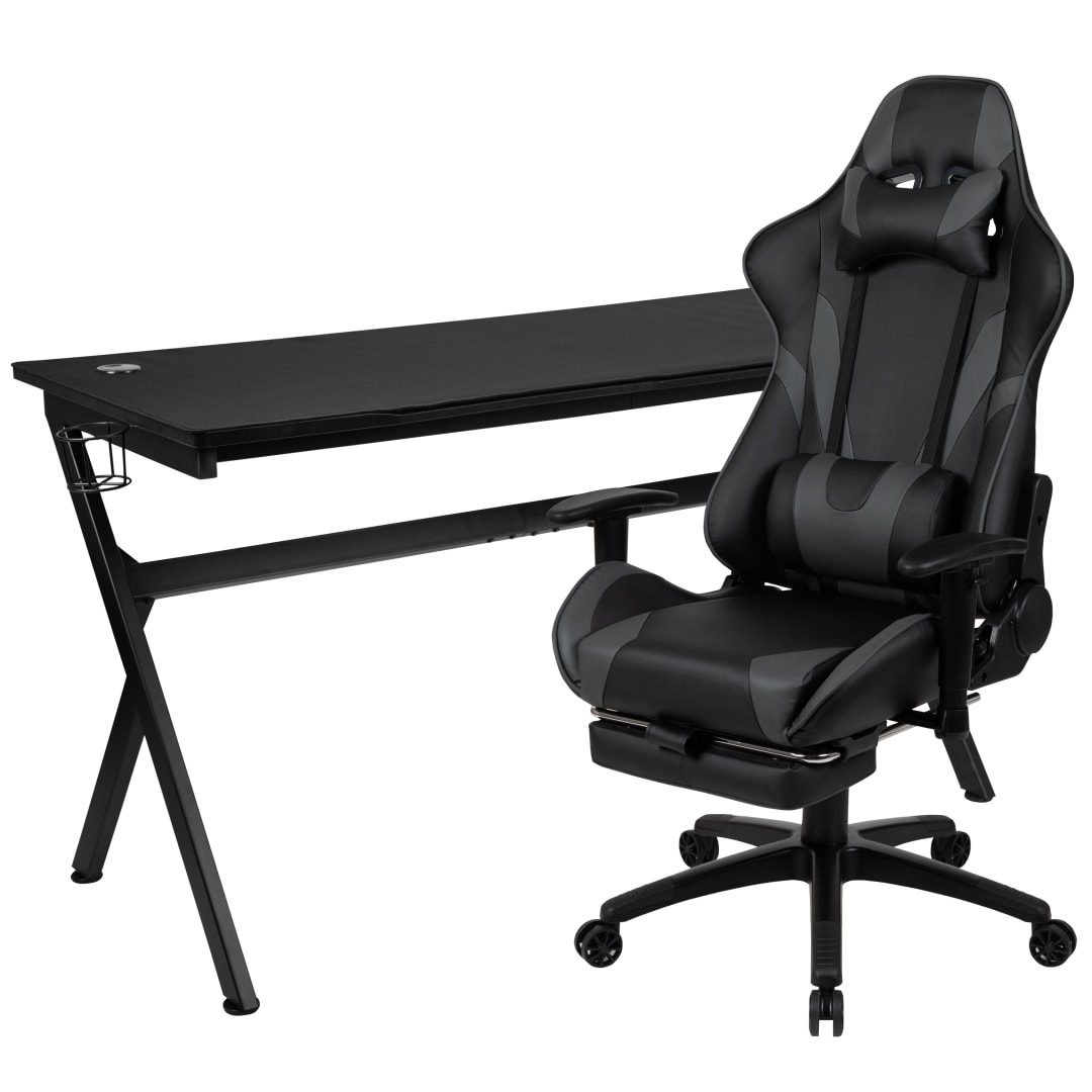 Optis Gaming Desk and Gray Footrest Reclining Gaming Chair Set - Cup Holder/Headphone Hook/Removable Mouse Pad Top/Wire Management