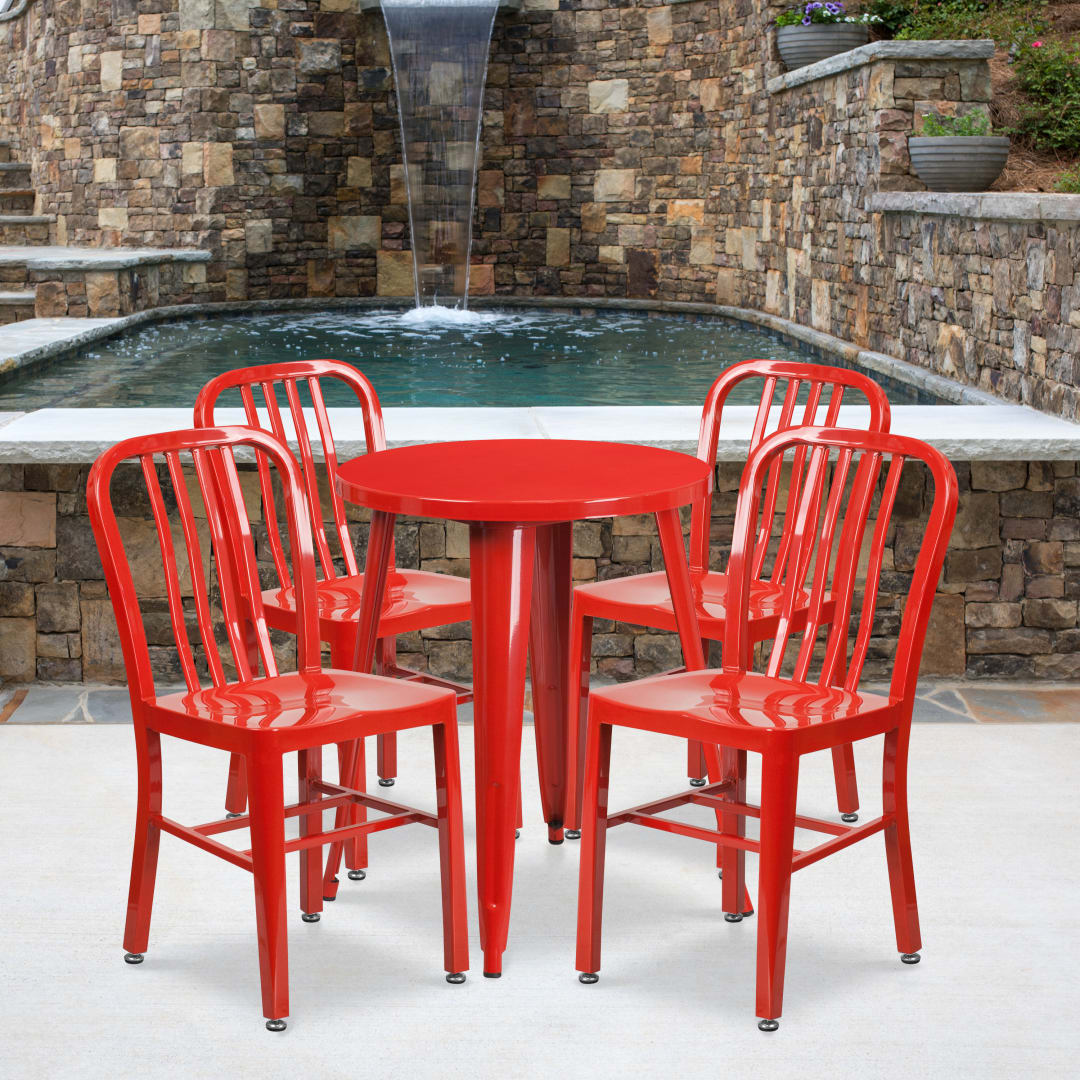Thomas Commercial Grade 24" Round Red Metal Indoor-Outdoor Table Set with 4 Vertical Slat Back Chairs