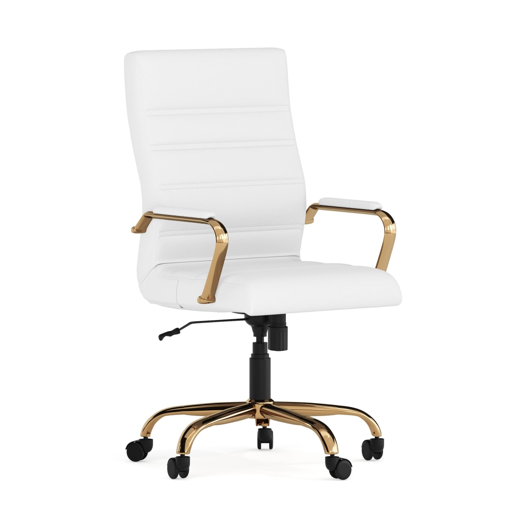 Whitney High Back White LeatherSoft Executive Swivel Office Chair with Gold Frame and Arms
