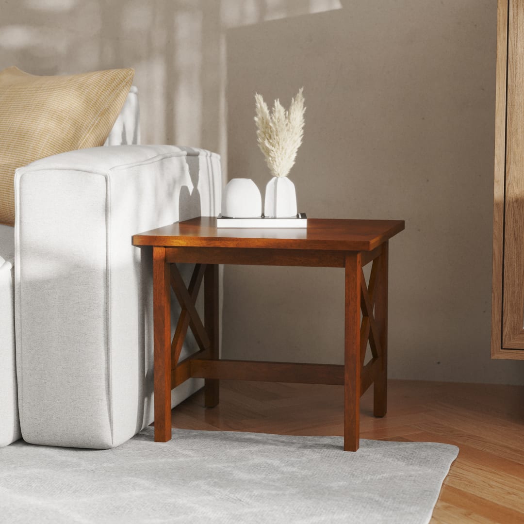 Jasper Farmhouse Style Solid Wood End Table with Traditional X-Frame Design in Walnut