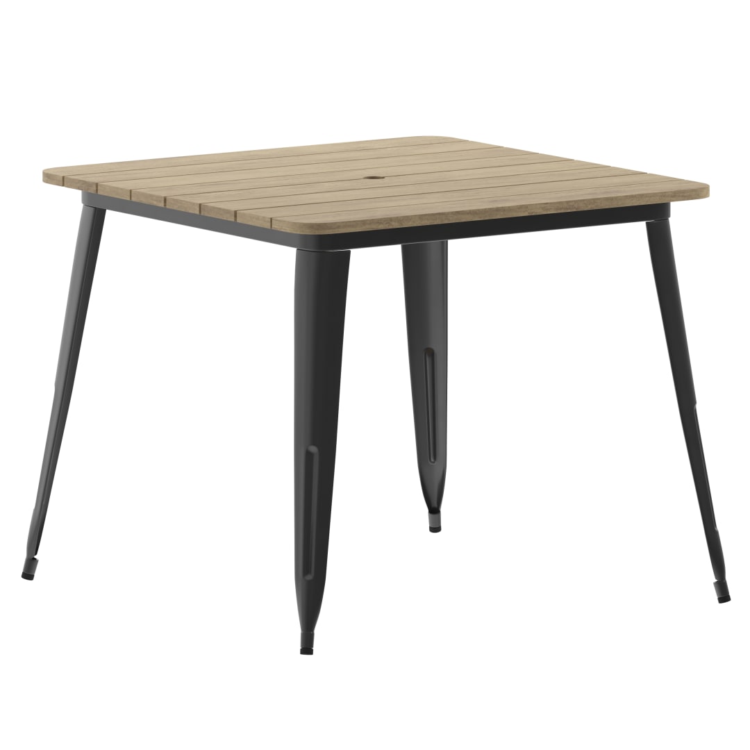Declan Commercial Indoor/Outdoor Dining Table with Umbrella Hole, 36" Square All Weather Brown Poly Resin Top and Black Steel Base