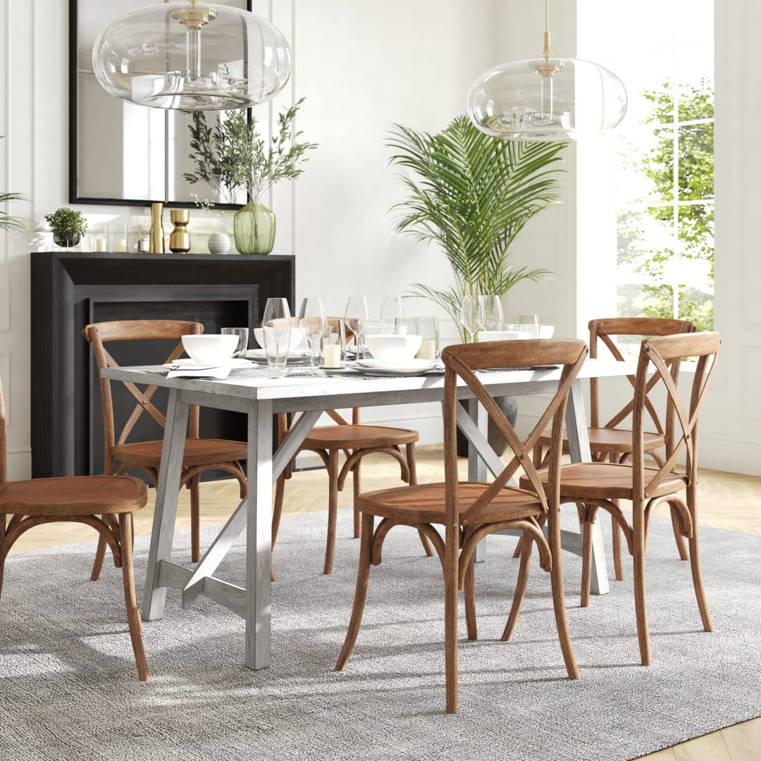 Everly 60" Solid Wood Trestle Base Dining Table, Farmhouse Style Commercial Grade Table with Seating for 6, Antique White Finish