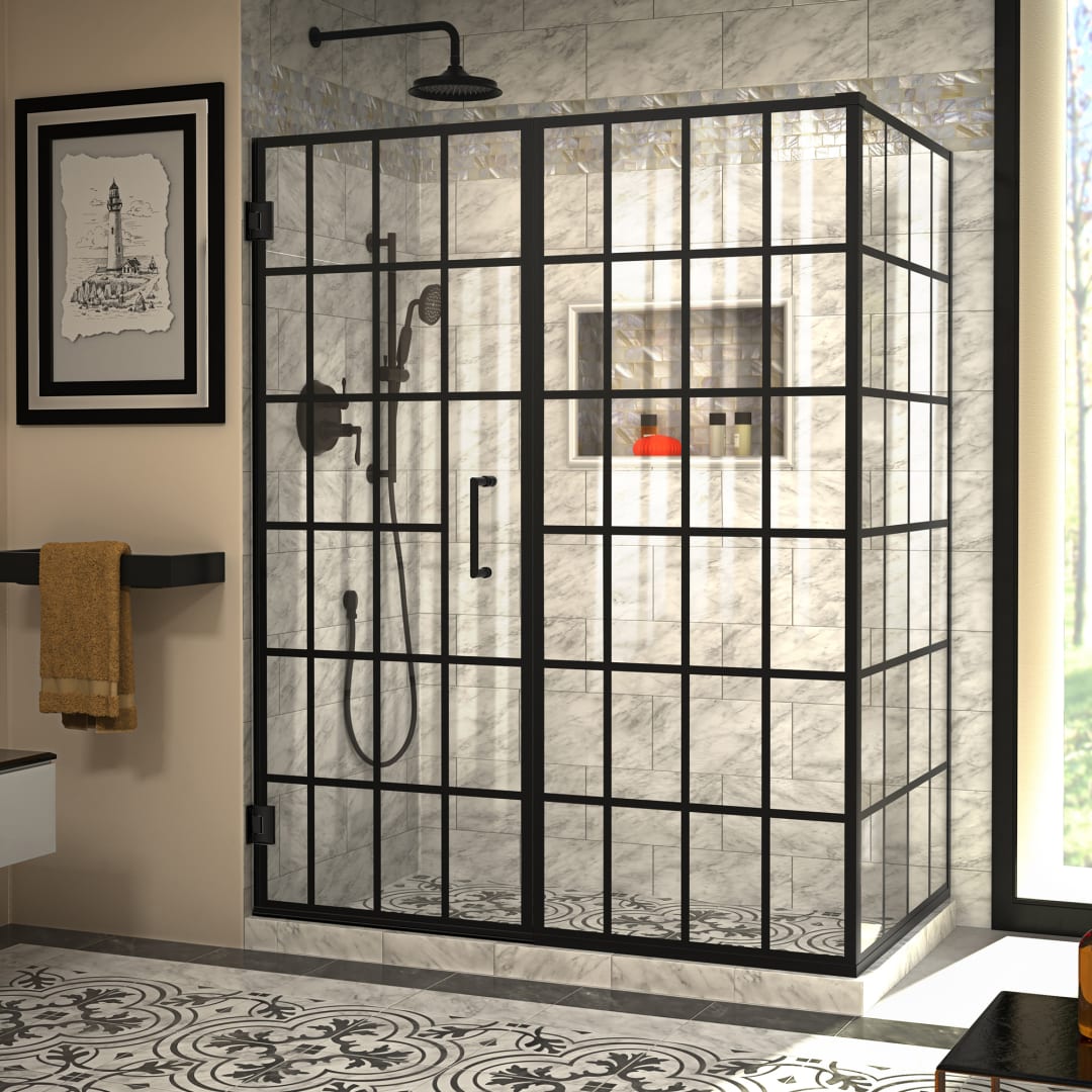 DreamLine Unidoor Toulon 34 3/8 inch D x 57 7/8 inch W x 72 inch H Frameless Hinged Shower Enclosure in Matte Black