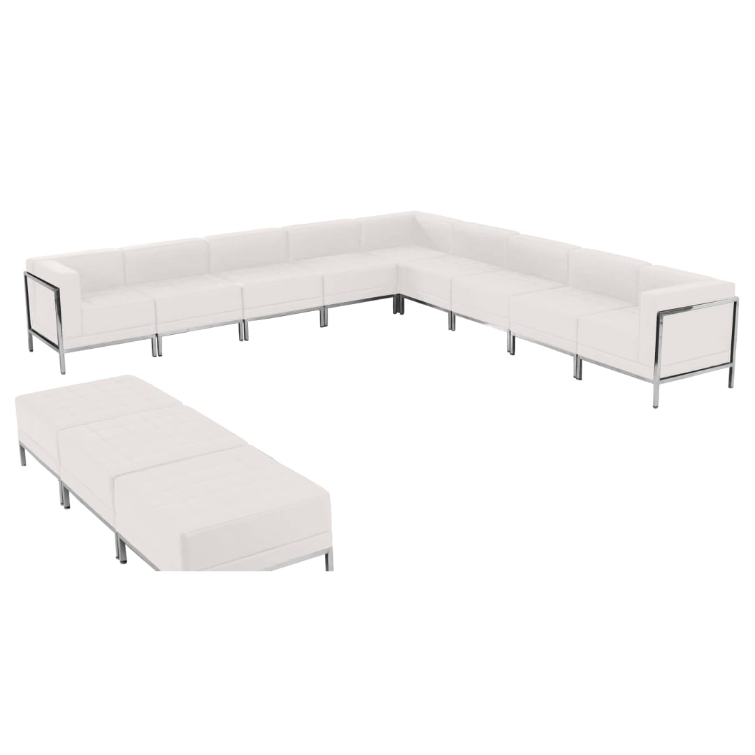 HERCULES Imagination Series Melrose White LeatherSoft Sectional &amp; Ottoman Set with Ganging Clips, 12 Pieces