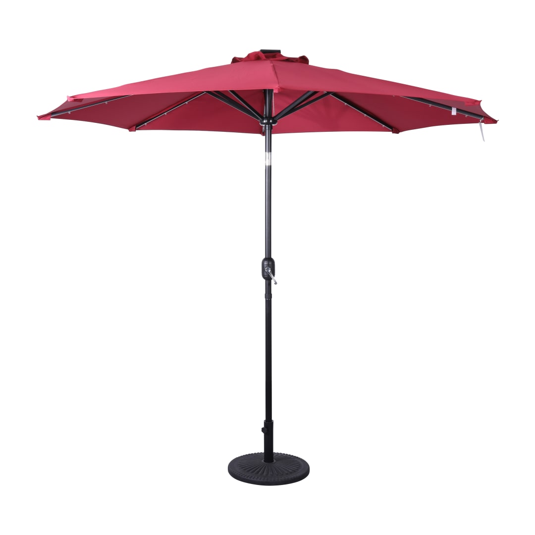 Montego Commercial Grade 9 FT Round Umbrella with 32 Solar LED Lights and Crank and Tilt Functionality in Red