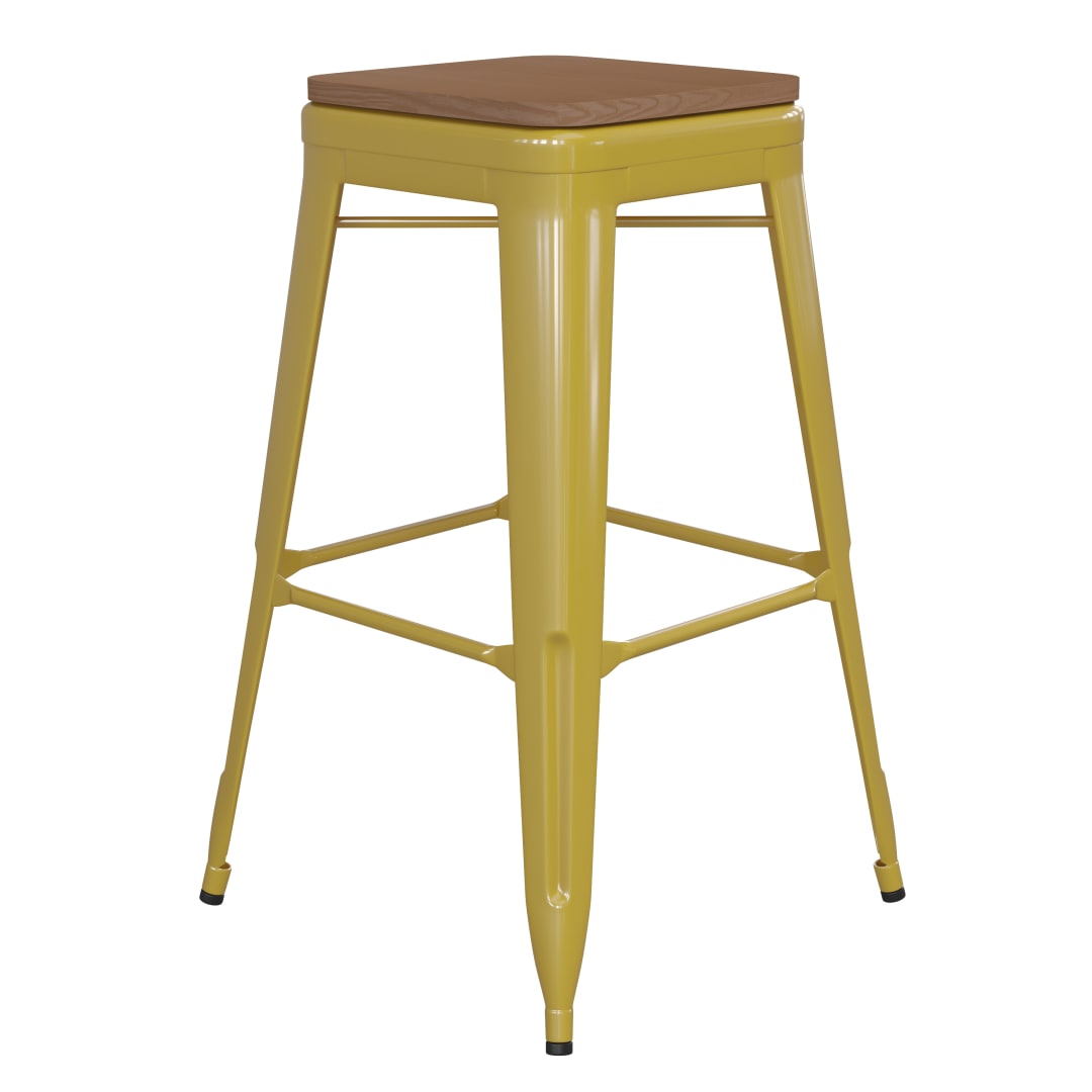 Kai Commercial Grade 30" High Backless Yellow Metal Indoor-Outdoor Barstool with Teak Poly Resin Wood Seat