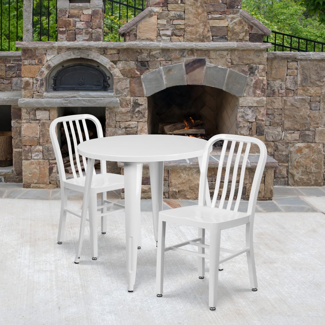 Craig Commercial Grade 30" Round White Metal Indoor-Outdoor Table Set with 2 Vertical Slat Back Chairs