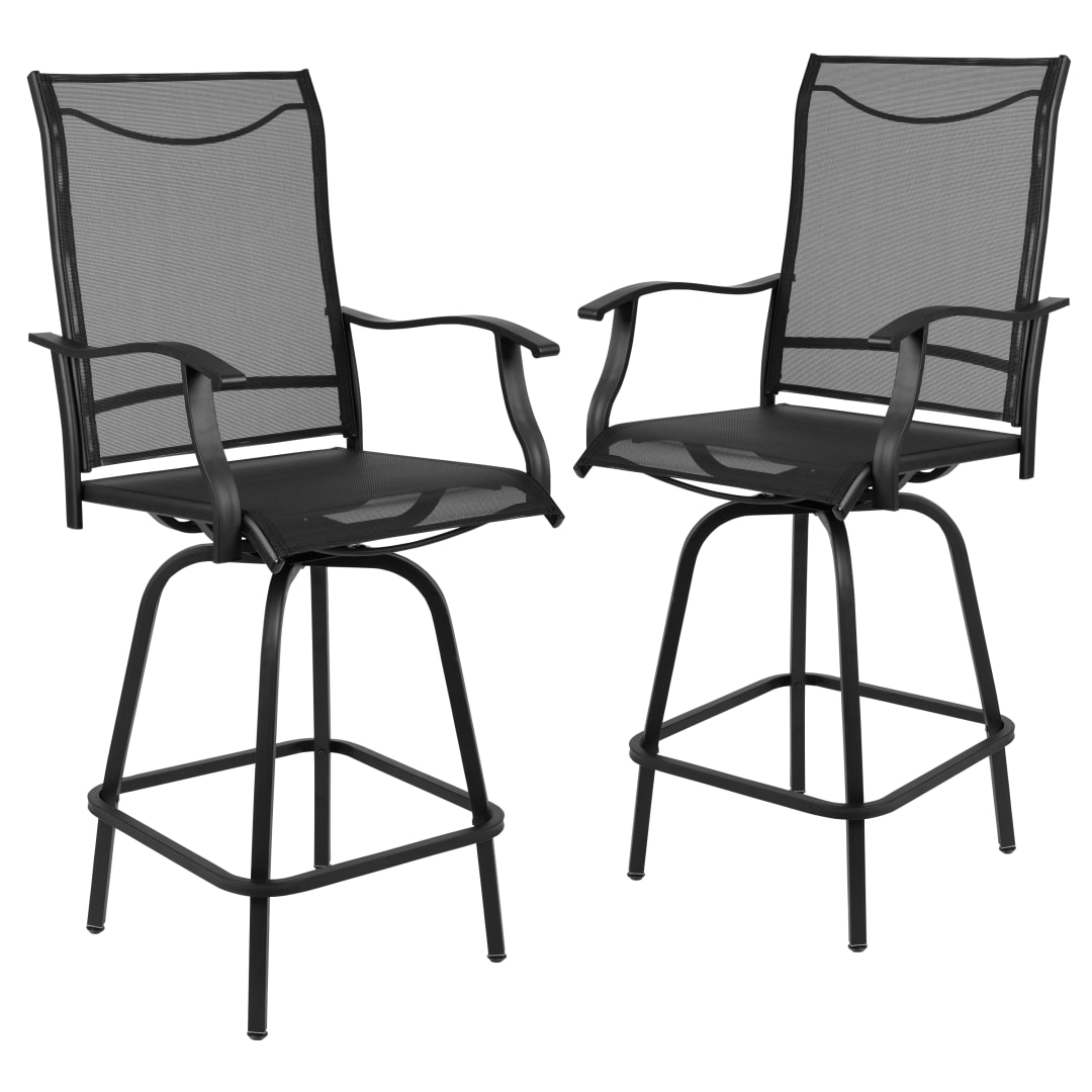 Valerie Patio Bar Height Stools Set of 2, All-Weather Textilene Swivel Patio Stools with High Back & Armrests in Black