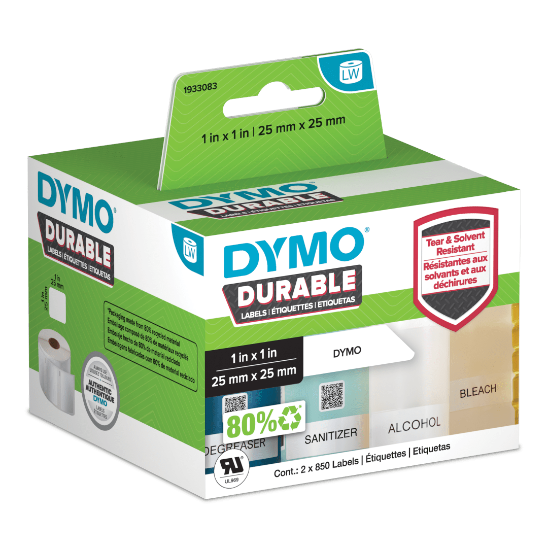 DYMO® LW Durable Industrial Labels for LabelWriter™ Label Printers, White Poly, 1” x 1”, 2 Rolls of 850 (1700 Total)