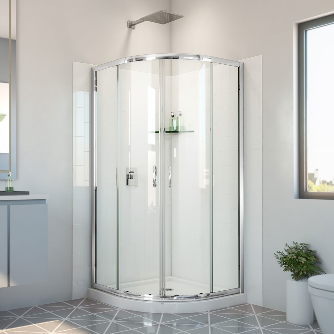 DreamLine Prime 36 inch x 36 inch x 78 3/4 inch H Semi-Frameless Sliding Shower Enclosure in Chrome and Clear Glass, Shower Base, and Wall Kit in White