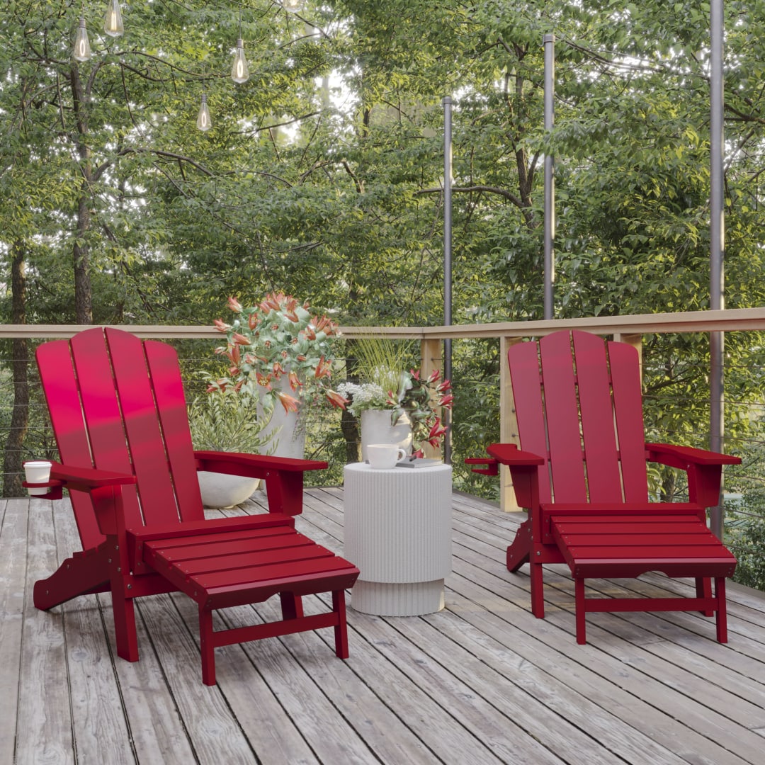Newport HDPE Adirondack Chair with Cup Holder and Pull Out Ottoman, All-Weather HDPE Indoor/Outdoor Lounge Chair in Red, Set of 2