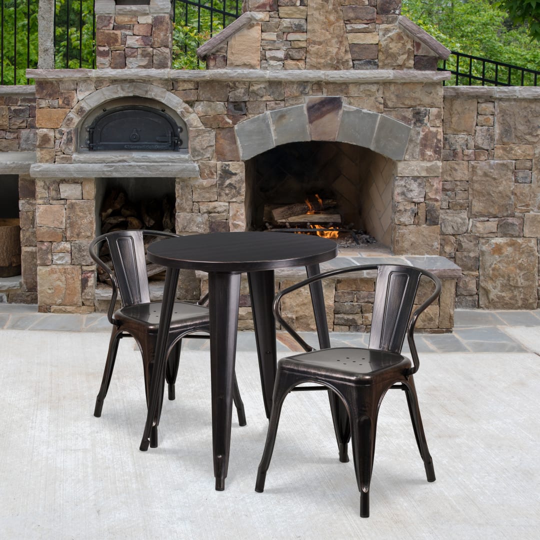Napoleon Commercial Grade 24" Round Black-Antique Gold Metal Indoor-Outdoor Table Set with 2 Arm Chairs