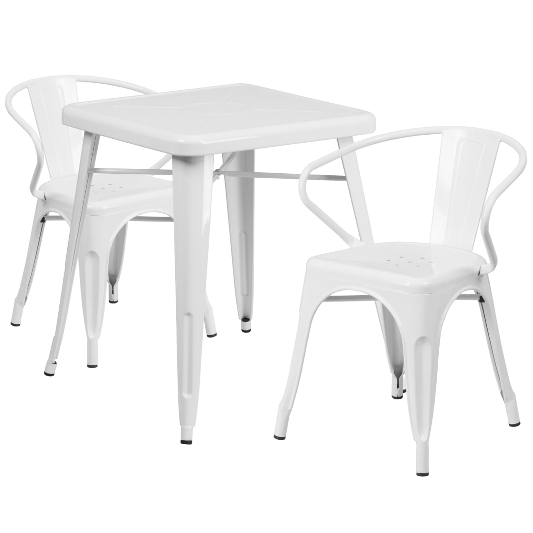 Owen Commercial Grade 23.75" Square White Metal Indoor-Outdoor Table Set with 2 Arm Chairs