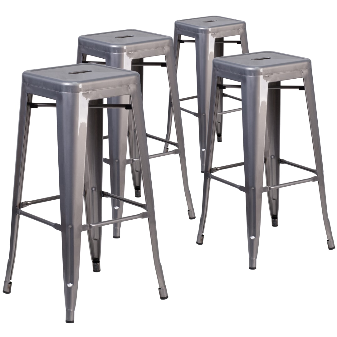 Lincoln 4 Pack 30'' High Backless Silver Antique Finish with Clear Coat Metal Indoor Barstool with Square Seat