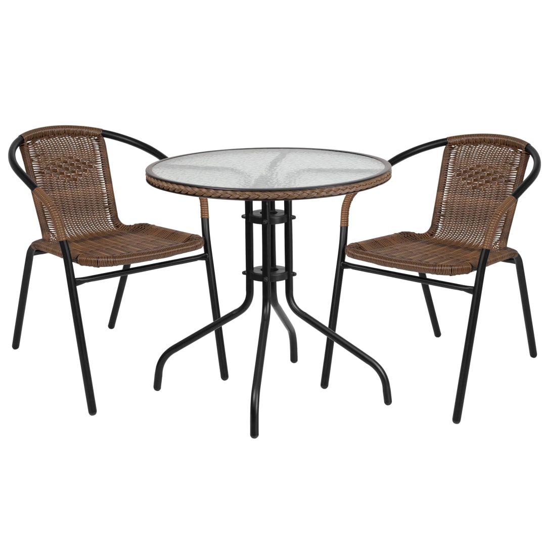 Lila 28'' Round Glass Metal Table with Dark Brown Rattan Edging and 2 Dark Brown Rattan Stack Chairs
