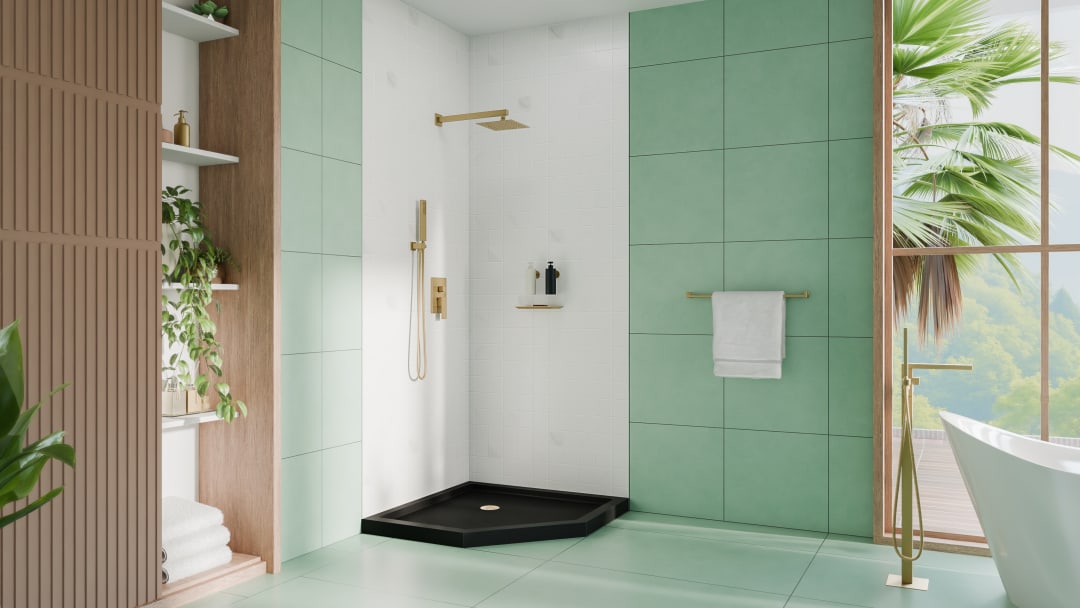 DreamLine SlimLine 36 inch D x 36 inch W x 2 3/4 inch H Black Neo-Angle Shower Base with 2 inch Brushed Brass Corner Round Drain