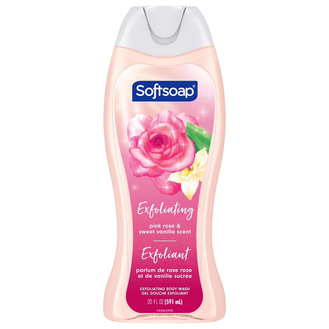 Gel douche exfoliant Softsoap, sans parabènes, gel douche hydratant au pH équilibré, parfum de rose rose et de vanille sucrée, 591 ml