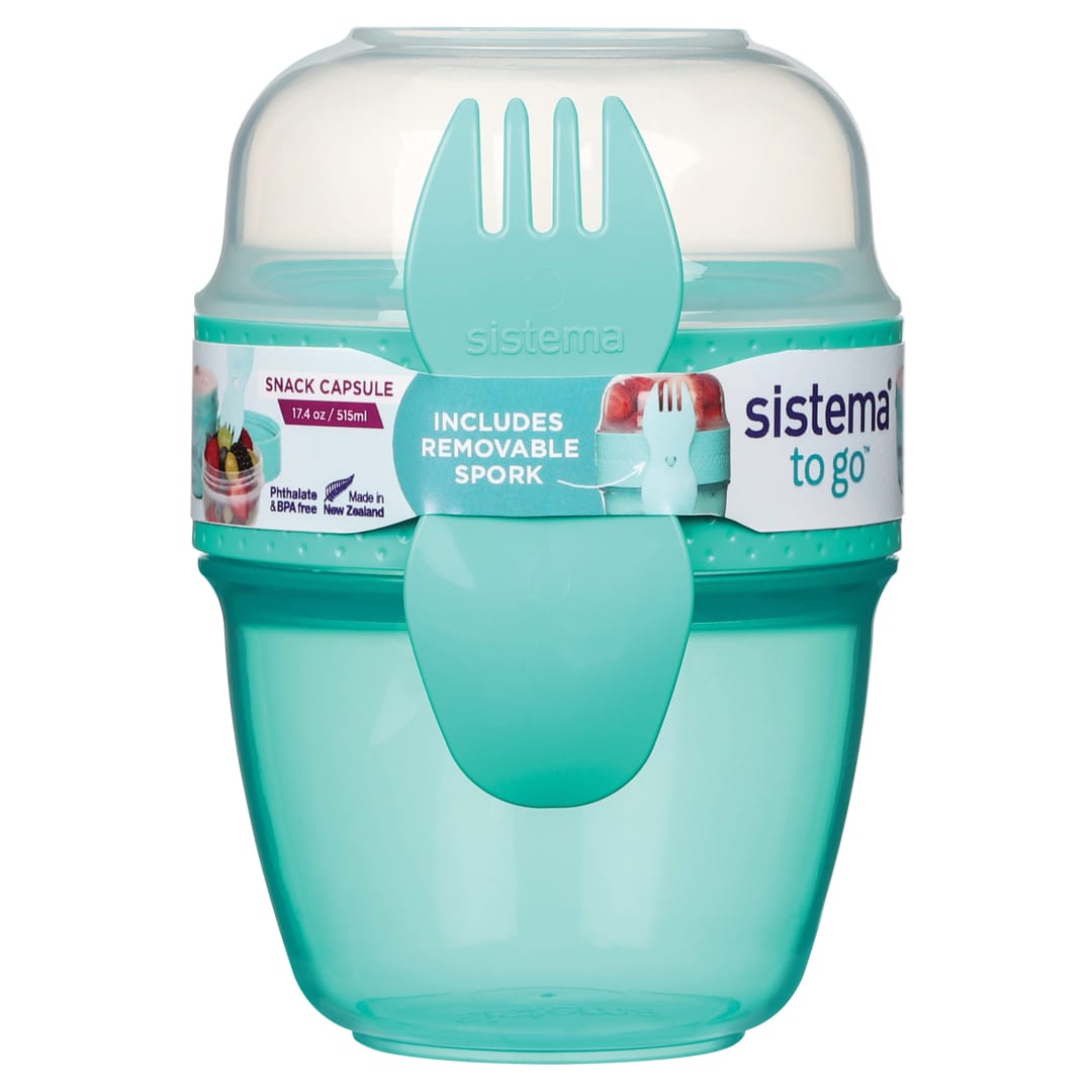 Sistema Snack Capsule To Go fiambrera para aperitivos | Con dos compartimentos y tenedor-cuchara | 515 ml | Verde menta azulado