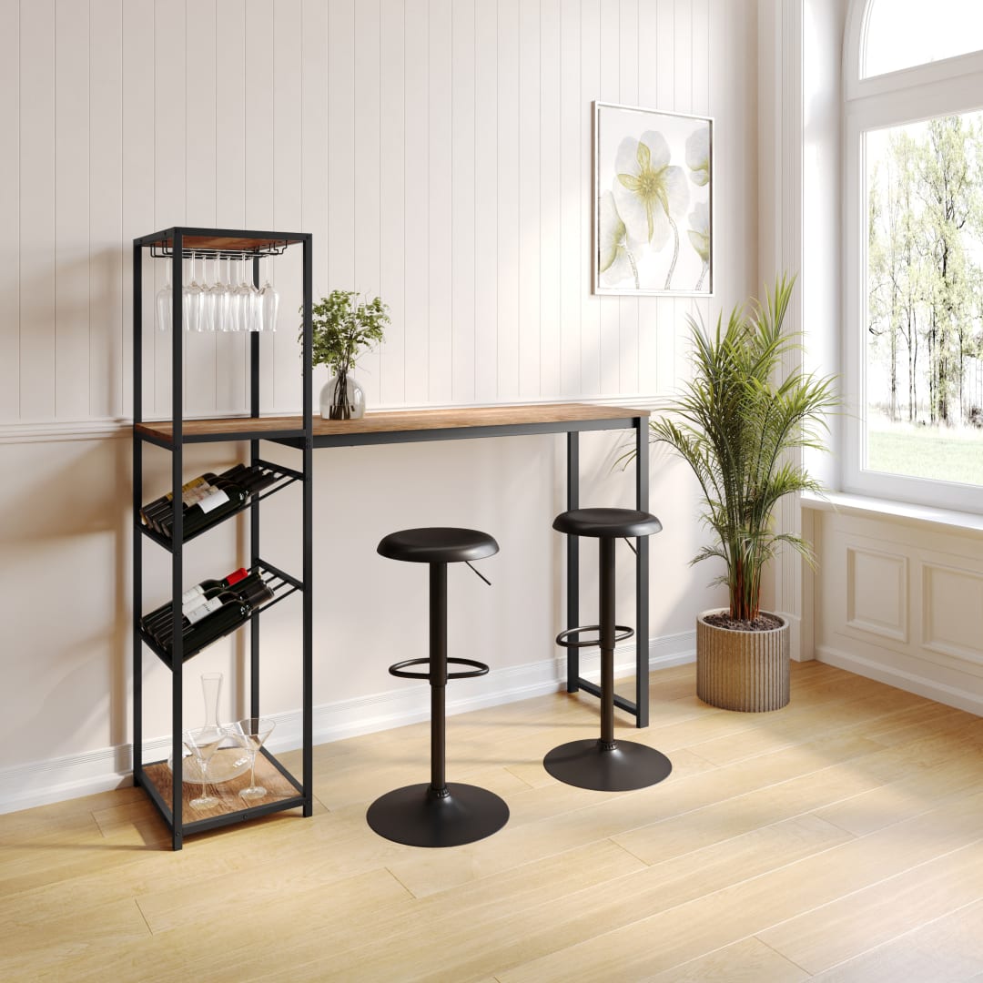 Jura Metal Bar and Wine Table with 2 Slanted Shelves for Bottle Storage and Hanging Glass Storage, Black Frame with Light Brown Melamine Table Top